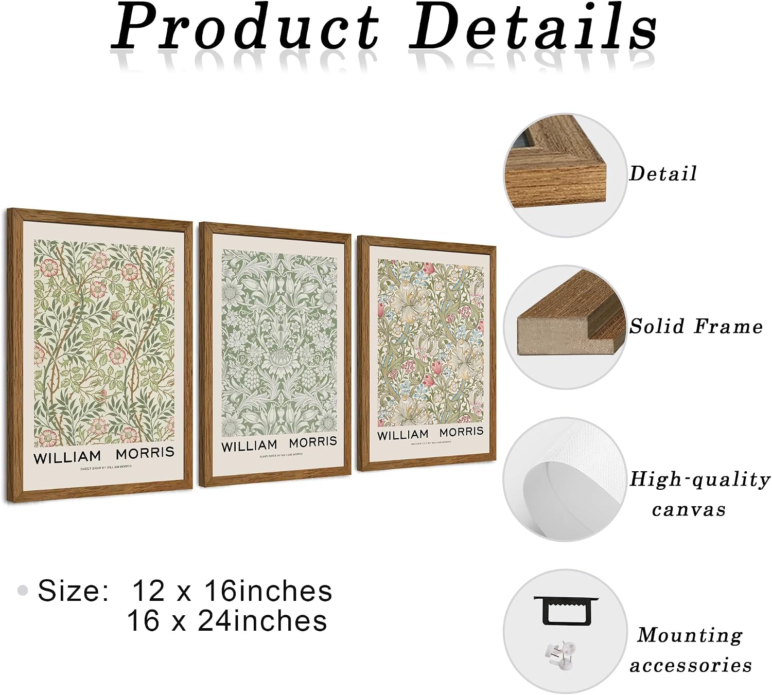 JLTULT 3 Piece Wood Frames Vintage Floral Canvas Wall Art, William Morris Flower Pattern Wall Decor, Nature Botanical Picture Artwork Prints for Living Room Bedroom Office 16x24 inch Easy to hang