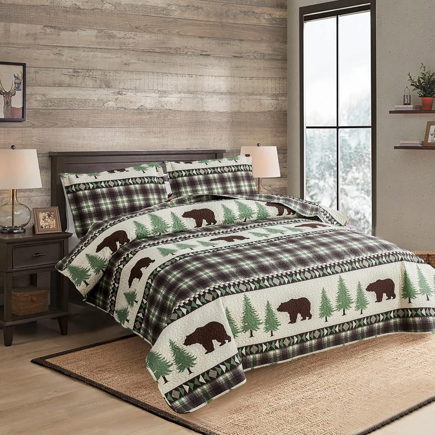 Cabin Bear Quilts Set Full/Queen Size, Lightweight Plaid Bedspread Coverlet Rustic Lodge Bedding Forest Tree Bed Sheet with Pillowshams (Beige Brown, Full/Queen) - Image 3