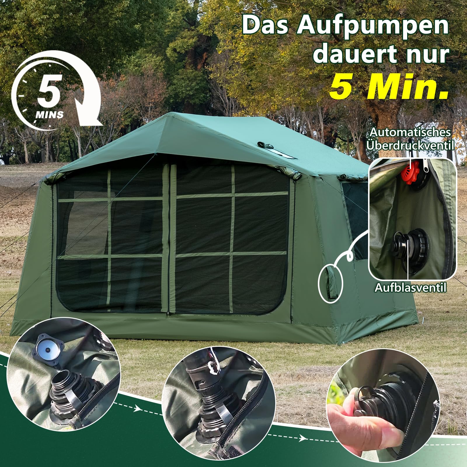 Tente de camping gonflable avec ouverture de cheminée, tente gonflable pour 4 à 6 personnes avec pompe à air, tentes gonflables en tissu Oxford imperméable pour les saisons, montage rapide