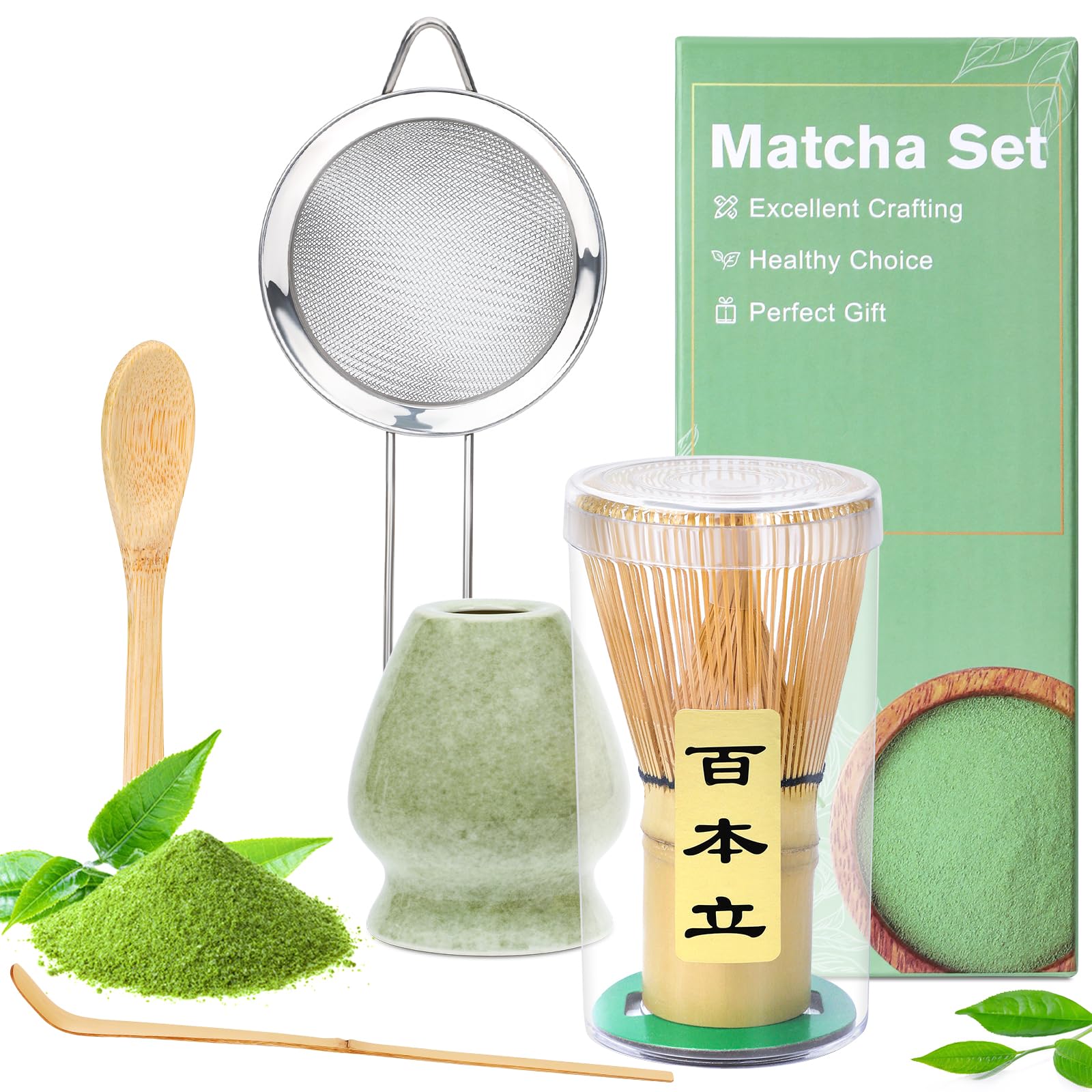 Alyvisun Matcha Tea Set, 5 Pcs Matcha Kit with Chasen and Matcha Whisk Holder, Sieve, Tea Scoop, Tea Pick, Matcha Whisk Set for Matcha Lovers, Green