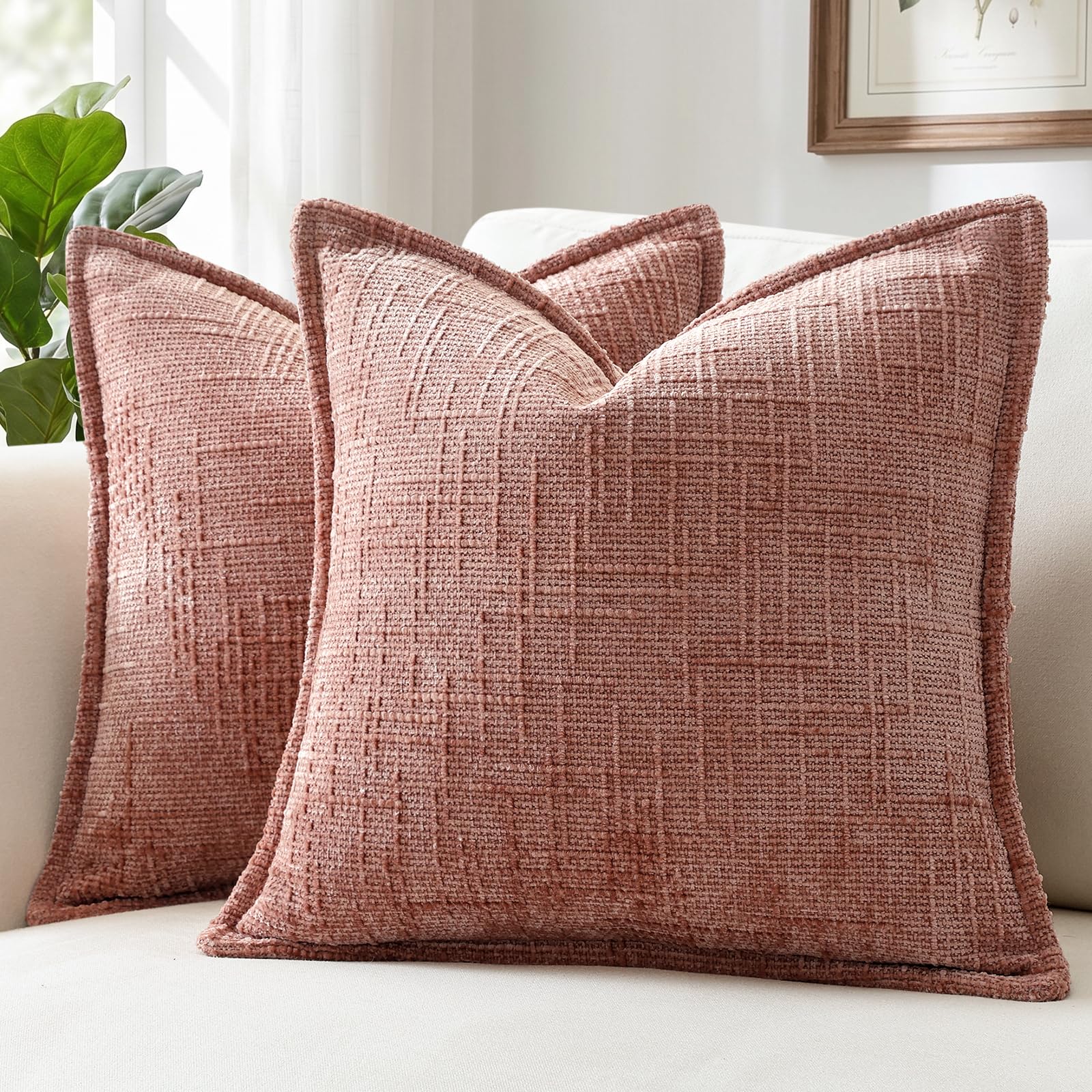 Sungeek Pack of 2 Pink Chenille Textured Decorative Cushion Covers, Soft Cozy Bound Edge Design Cushion Case, Solid Farmhouse Square Pillow Case for Couch Sofa Bed Living Room, 50x50cm