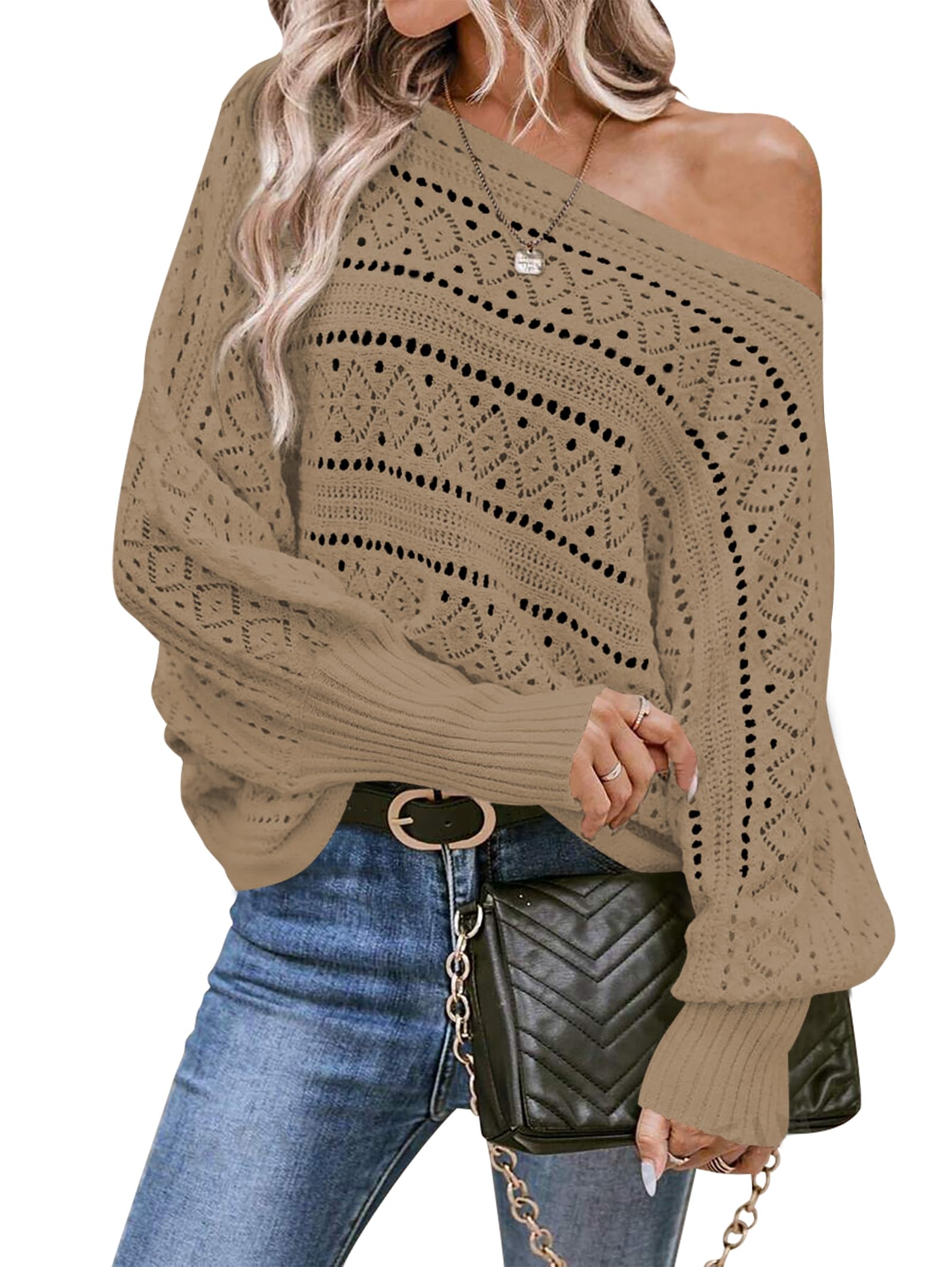 Cakulo Womens Off Shoulder Crochet Sweater Top 2025 Fall Fashion Batwing Long Sleeve Sweaters Outfits Khaki XL