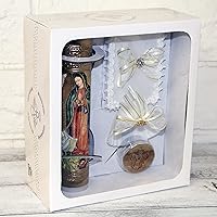 Vista 3 de Hermoso Hecho A Mano 5 Piezas Color Oro Guadalupe Foil Bautismo Bautizo Conchas Juego De Velas Favores Niña Niño Blanco Conjunto De Bautizo Español