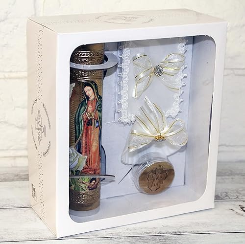 Miniatura 3 de Hermoso Hecho A Mano 5 Piezas Color Oro Guadalupe Foil Bautismo Bautizo Conchas Juego De Velas Favores Niña Niño Blanco Conjunto De Bautizo Español