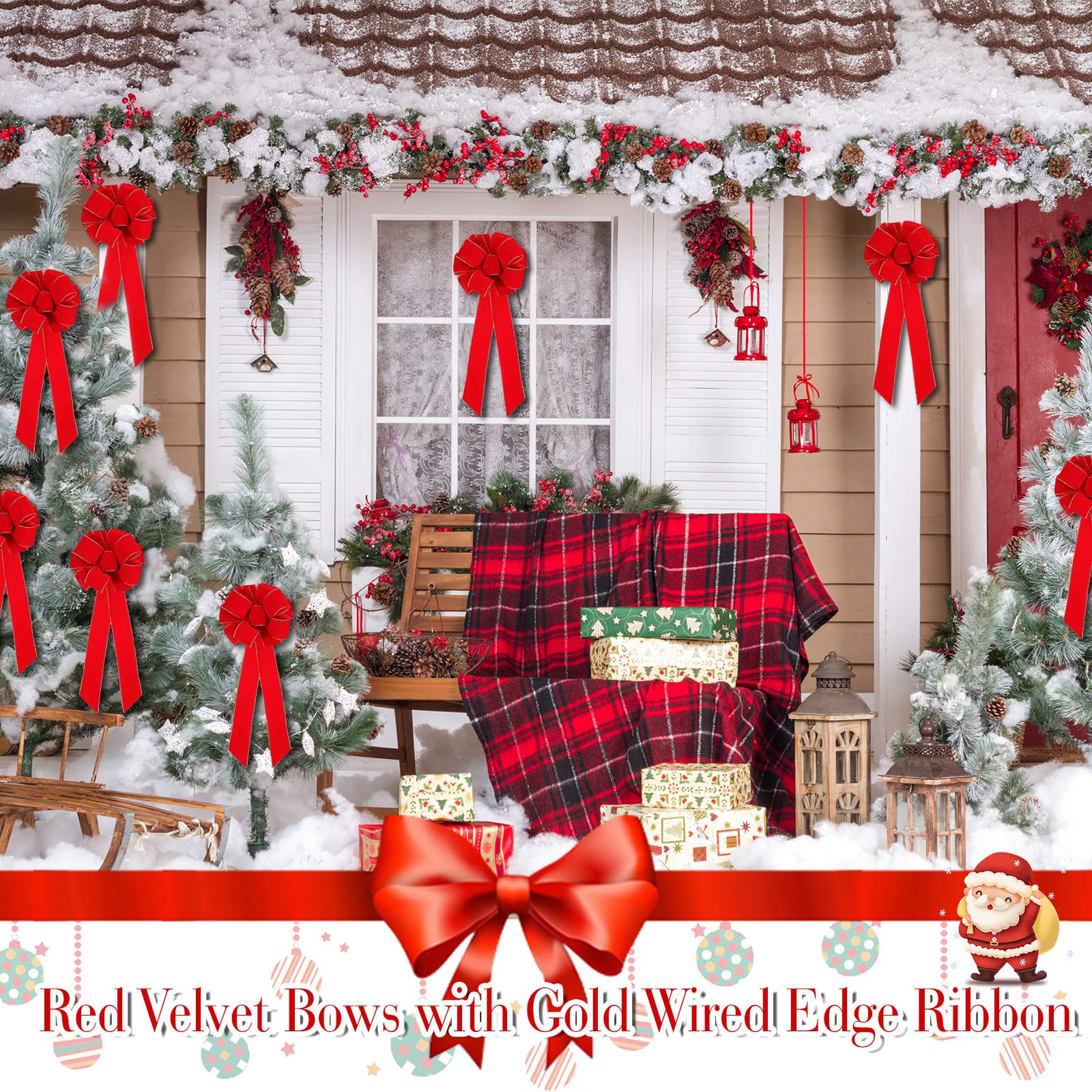 Kigeli 24 Stück große rote Weihnachtsschleife 25,4 x 66 cm roter Samt Gold Drahtkante Band Weihnachtskranz Schleife für Baumspitze Heimdekoration (12 Stück)