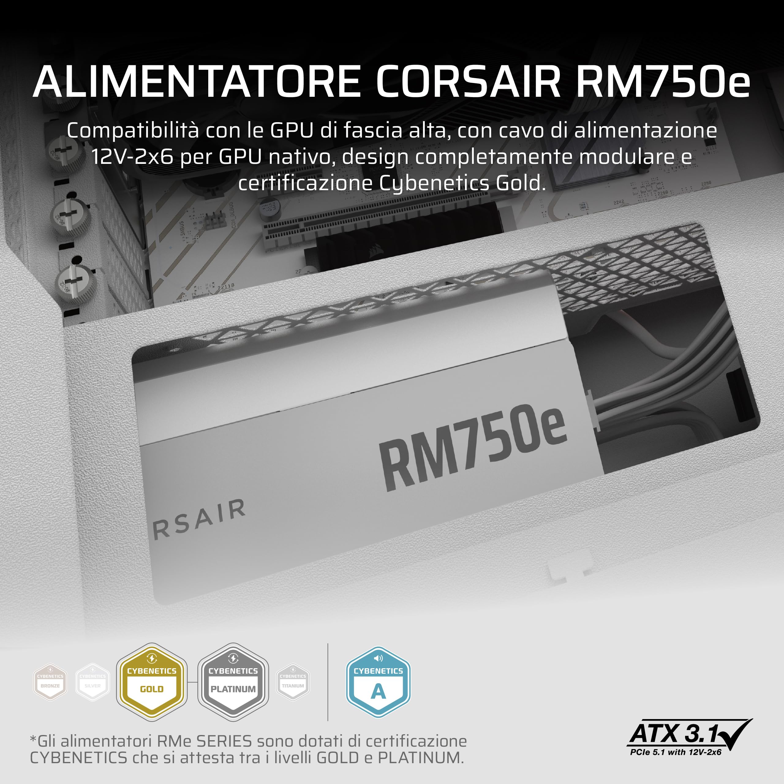 CORSAIR RM750e (2025) Alimentatore ATX Completamente Modulare a Basso Rumore con Cavo 12V-2x6 – Compatibile con ATX 3.1 e PCIe 5.1, Efficienza Cybenetics Gold, Condensatori a 105°C – Bianco