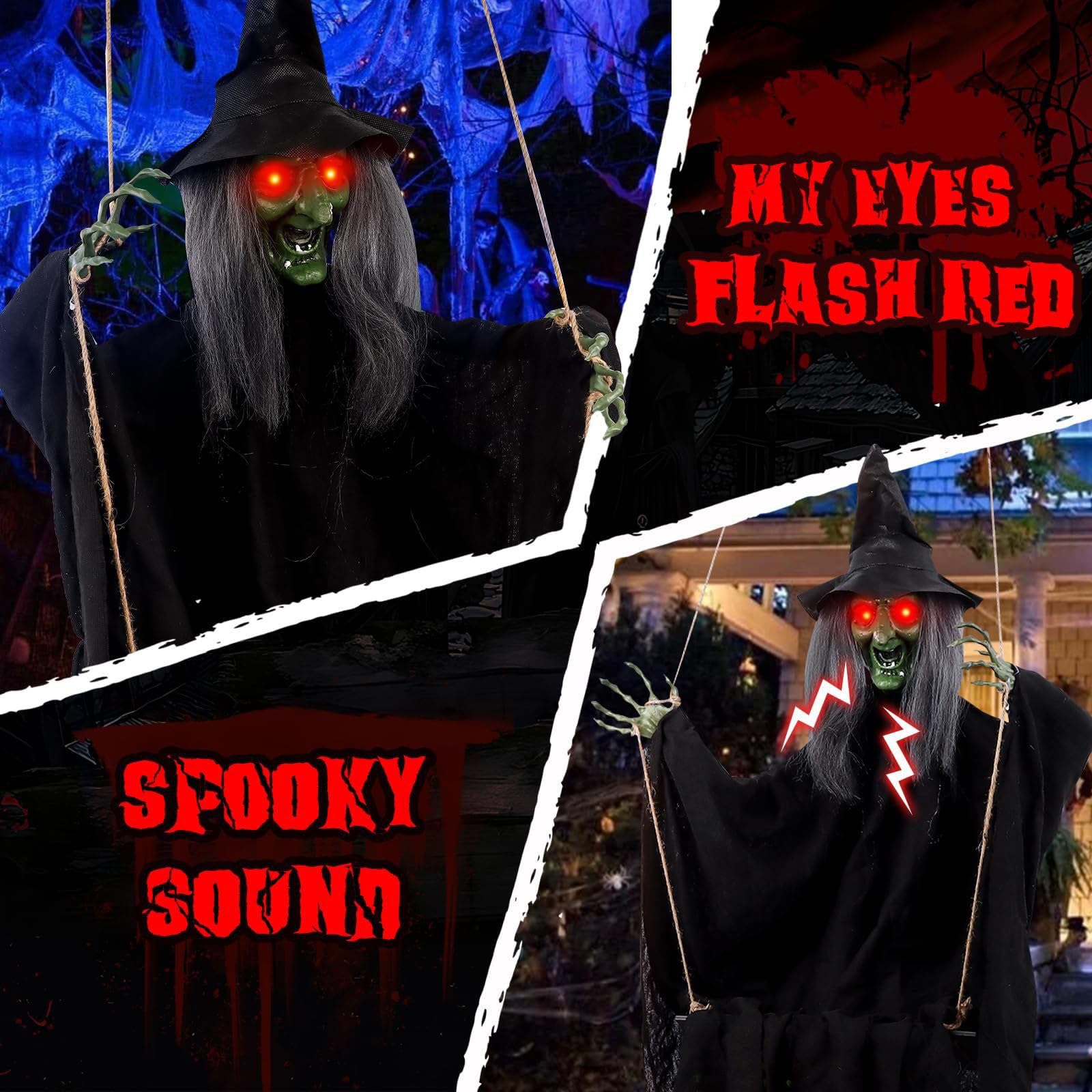 Aktywowana głosem huśtawka upiorna dekoracja ze światłem efekt dźwiękowy aktywowana ruchem huśtawka czarownica na Halloween dekoracja wisząca niesamowita manifestacja