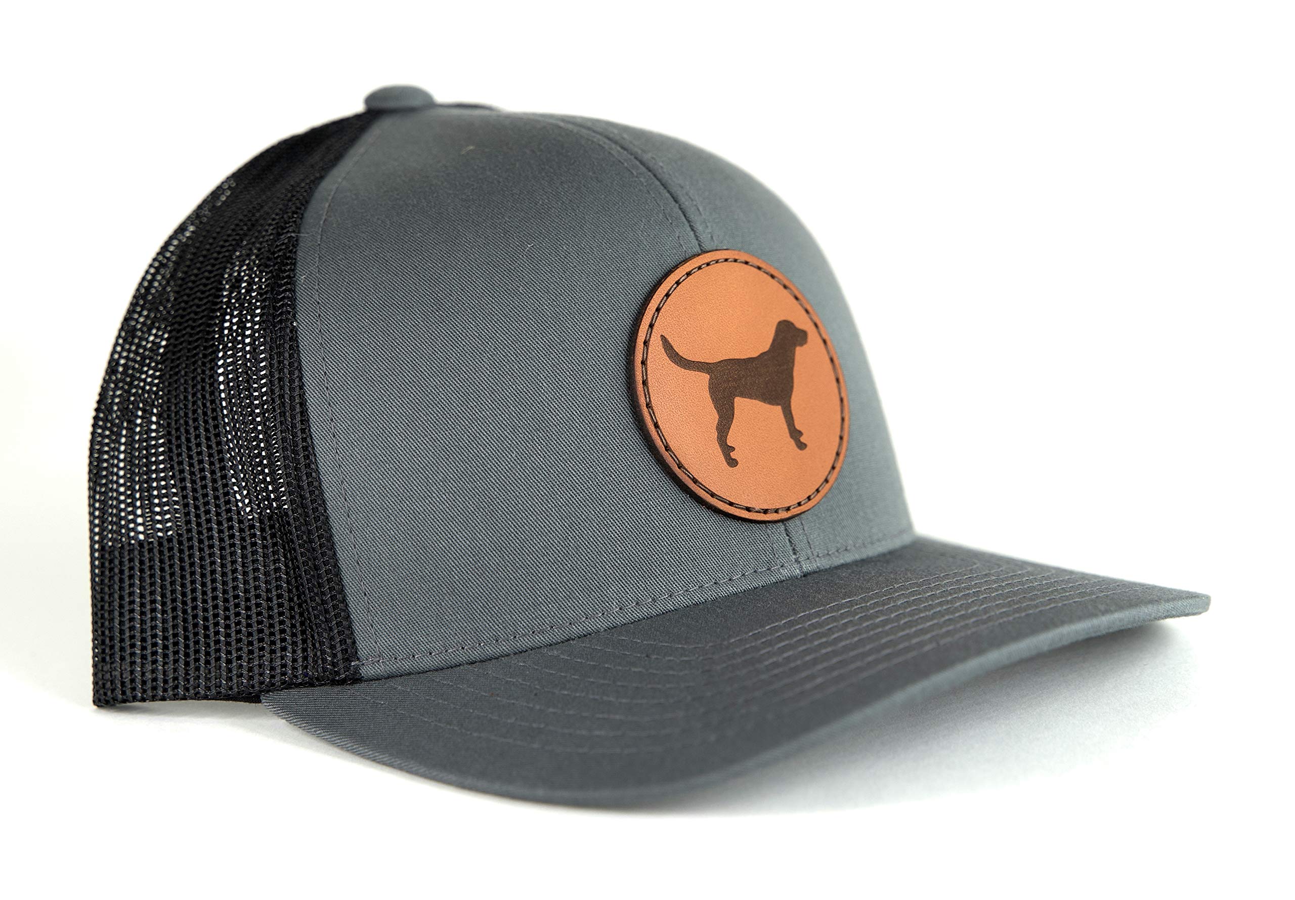 Palouse PrairieLab Labrador Retriever Leather Patch Hat | lab, Chocolate lab, Gift | Lab Trucker Hat | Baseball Hat,Grey Front Black Mesh,One Size