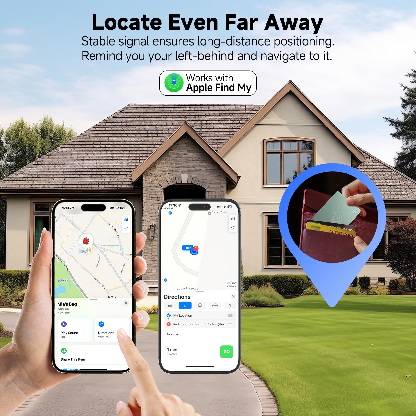 Carta di localizzazione del portafoglio, sottile, ricaricabile, funziona con Apple Find My (solo iOS), localizzatore di oggetti per etichette bagagli, passaporti, telefono