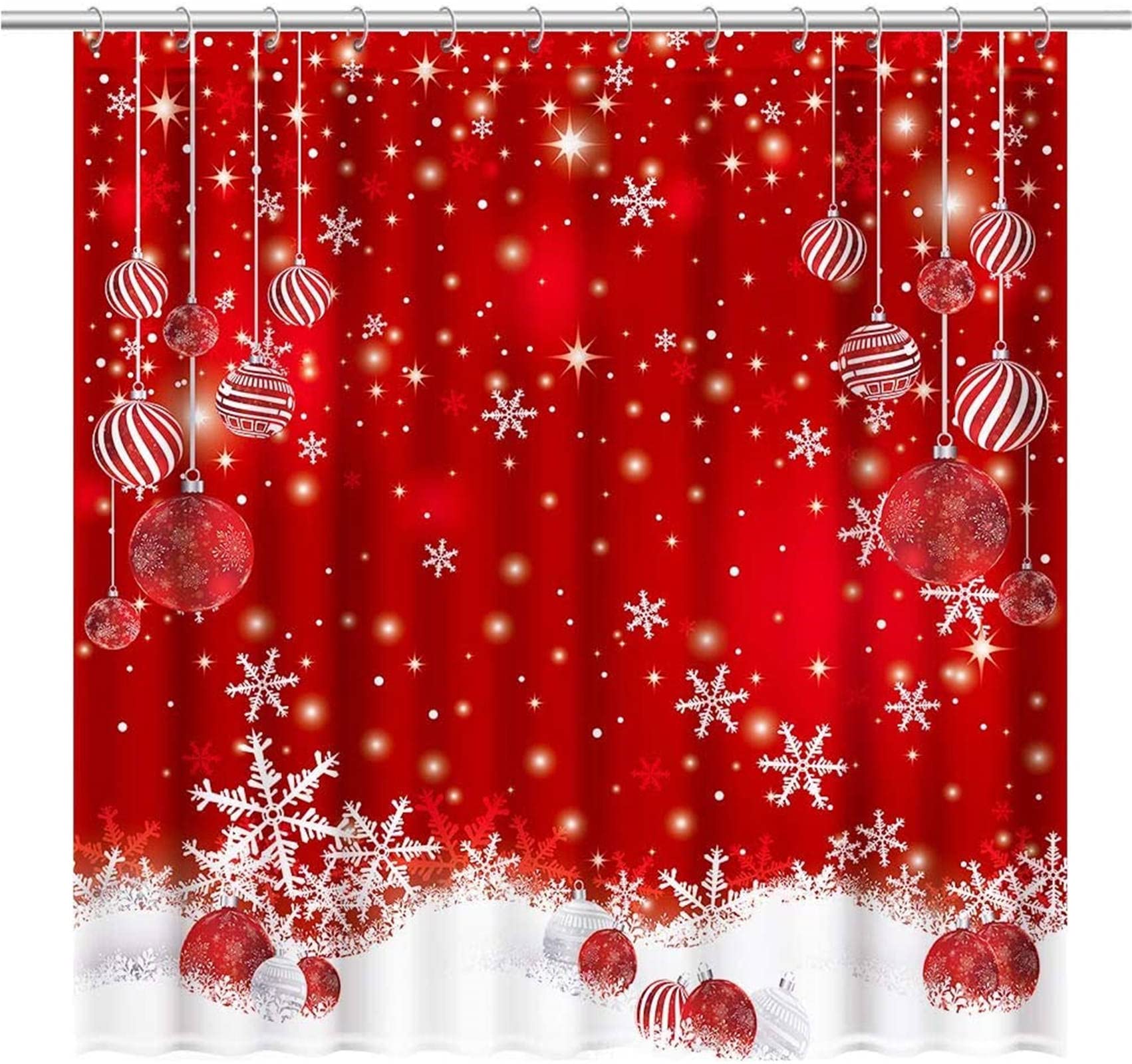 WANGSOARRed Christmas Snowflakes Shower Curtain Set with 12 Hooks Bathroom Bathtubs Decor Easy Care Washable Durable Polyester Fabric,180 x 180 cm /70.9 x 70.9in