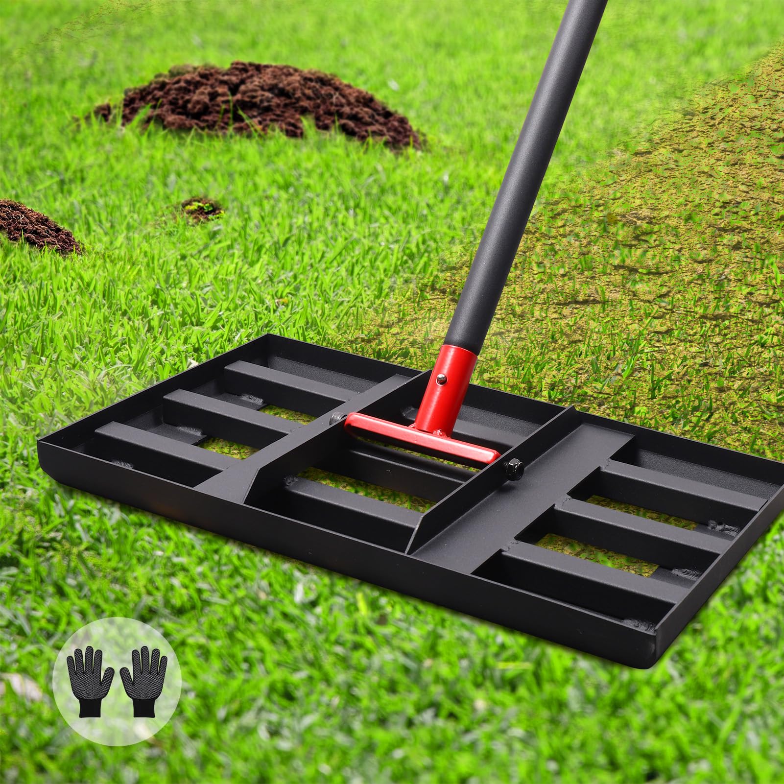 Lawn Leveling Rake, 6FT 17"x10" Heavy Duty Effort Saving Lawn Level Tool, Stainless Steel Rake for Yard Garden Lawn Leveling, Ease Level Soil Sand Dirt Surfaces for Backyard, Garden, Golf, Farm