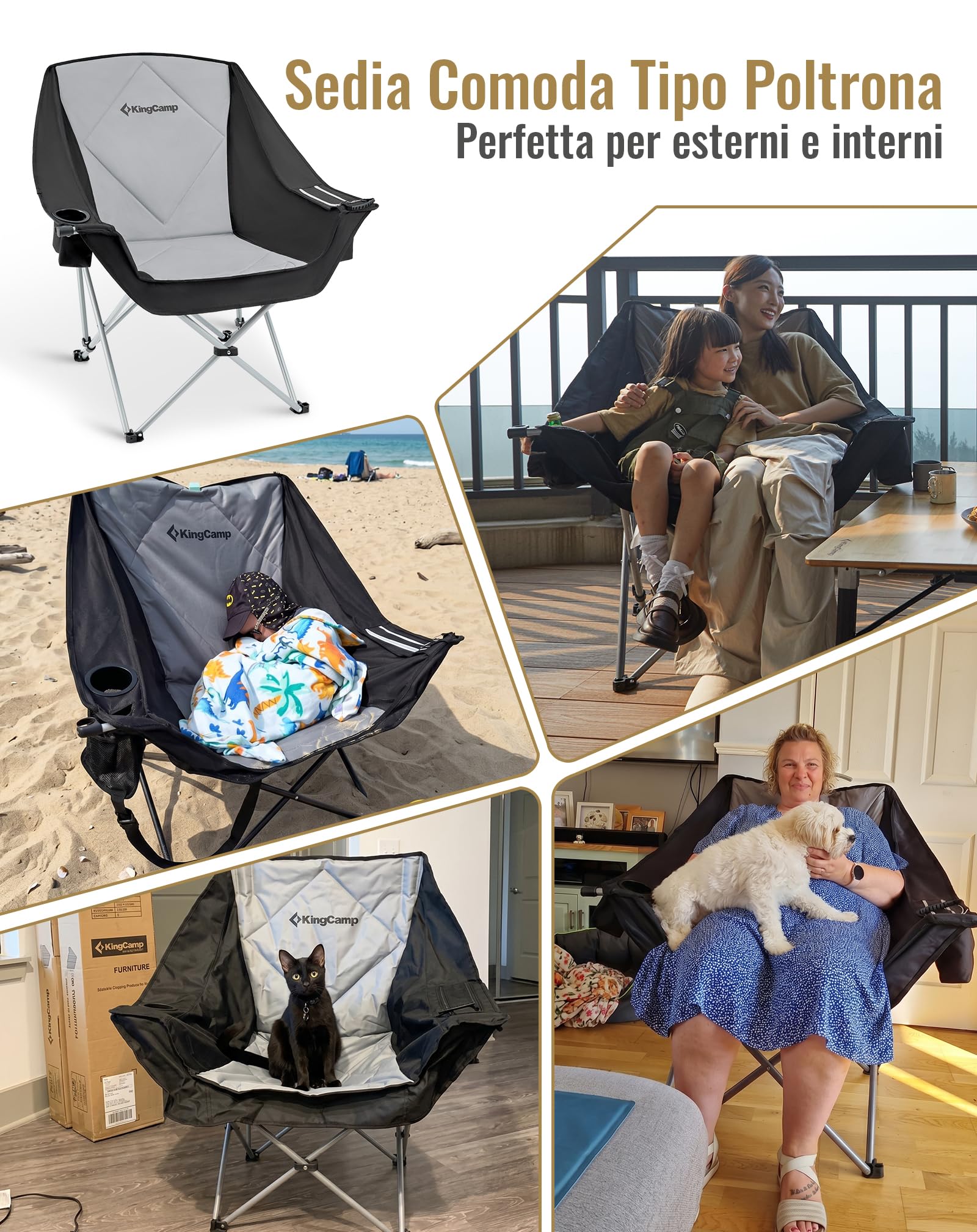 KingCamp Sedia da Campeggio Pieghevole per 2 Persone, Carico Max 300 kg, Imbottito Portatile Poltrona Sedie a 1 2 e 3 Posti da Campeggio per Adulto, Durevole Sedia Divano per Giardino Picnic Balcone
