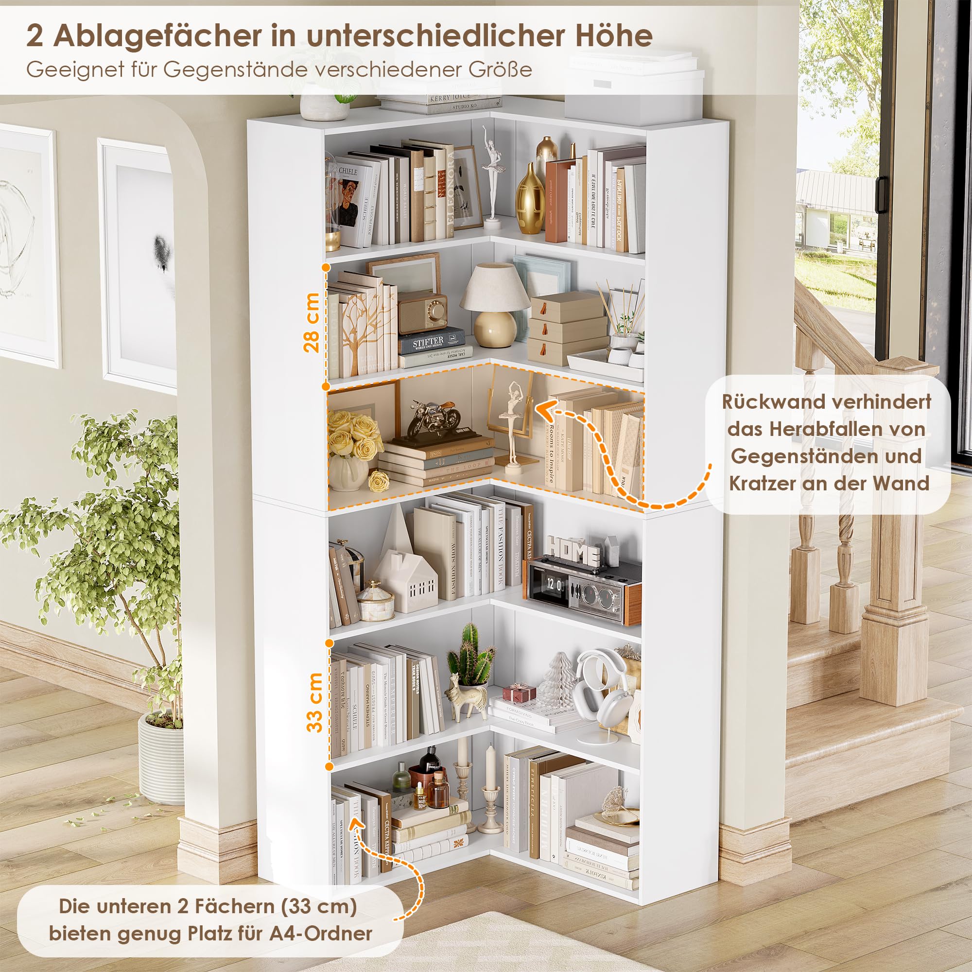 FirFurd Eckregal Bücherregal Eckschrank mit 6 Ebenen 60x60x186,4 cm weiß