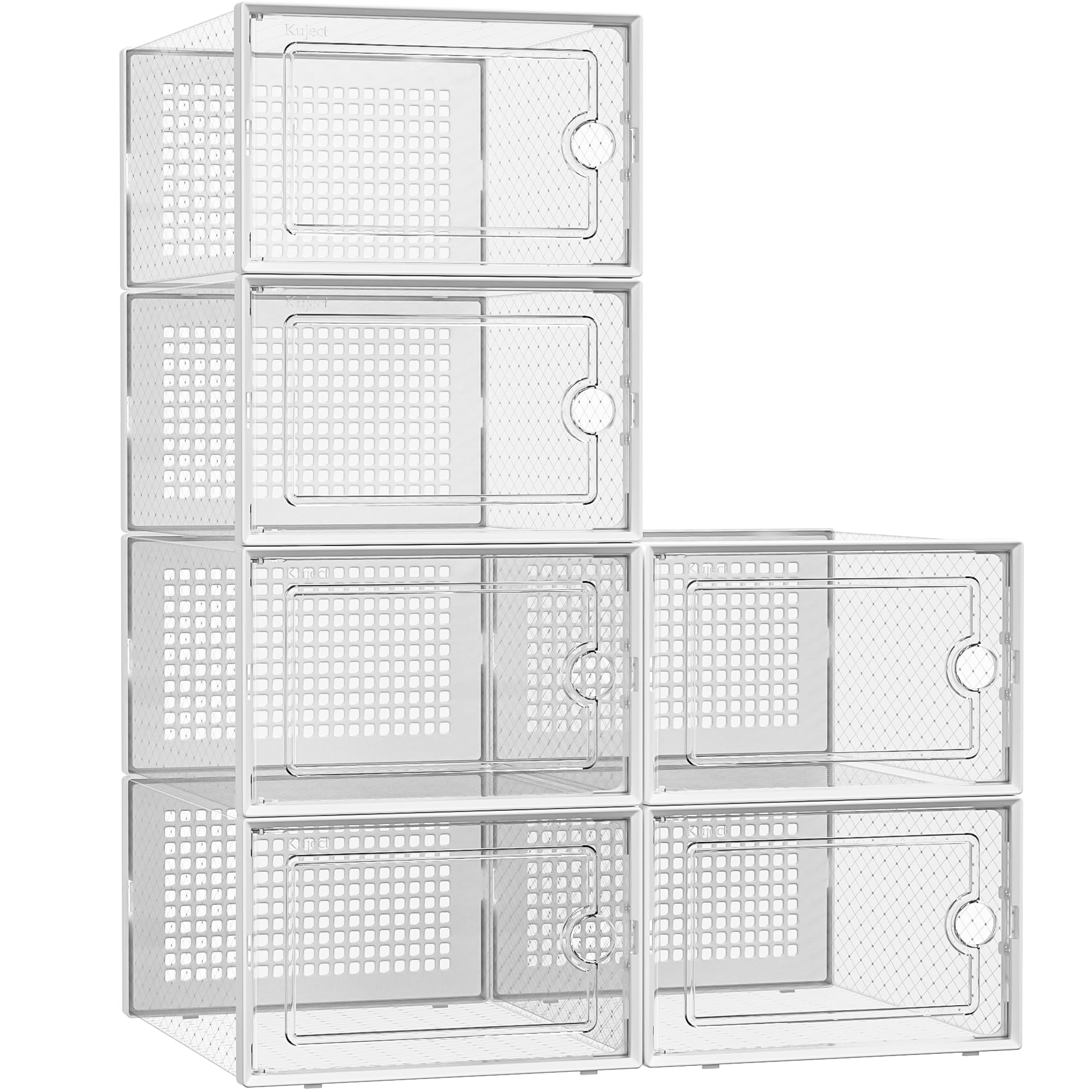 Kuject X-Large Shoe Storage Boxes Organizers for Closet 6 Pack, Fit Size 11,Clear Plastic Stackable Sneaker Containers for Entryway, Space Saving Shoe Rack Holder, White