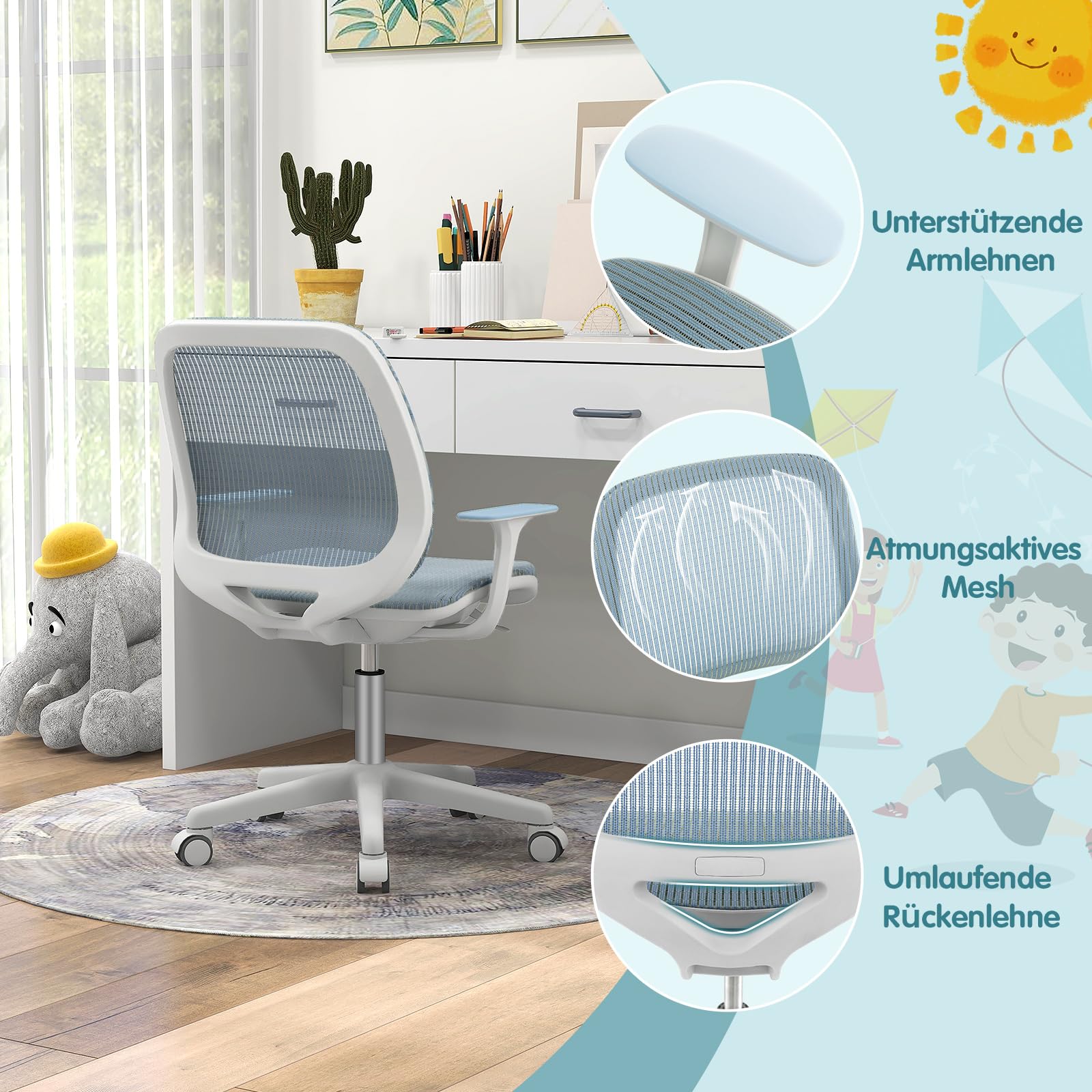 GOPLUS Schreibtischstuhl Kinder, Höhenverstellbarer Kinderdrehstuhl, Sitzhöhe 43-55cm, Bürostuhl mit Rückenlehne & Armlehnen & Rädern, Ergonomischer Kinderstuhl für Kinder 6-15 Jahre (Blau)