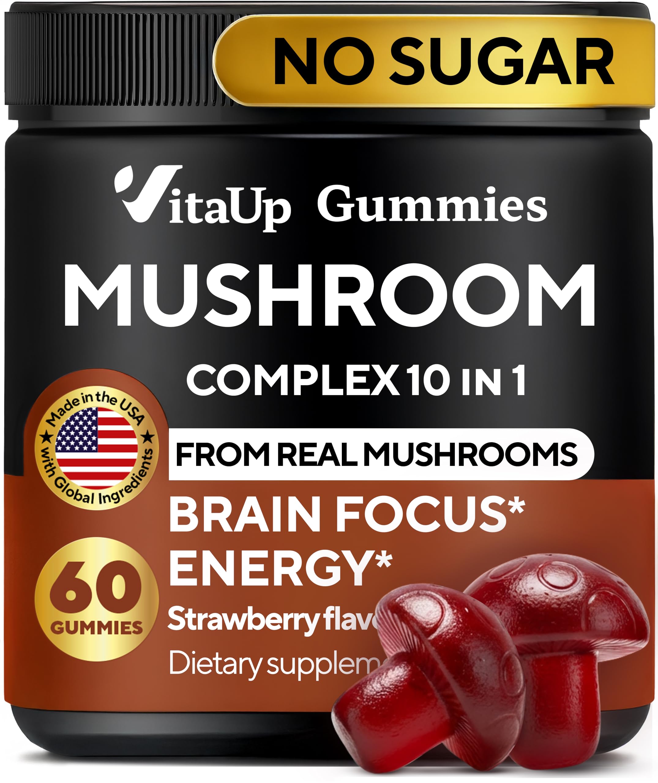VitaUp Mushroom Gummies for Adults - USA Made 10 in 1 Mushroom Supplement - Mushroom Complex with Lions Mane, Cordyceps, Turkey Tail, Reishi, Shiitake for Cognitive & Immune Support - 60 Count