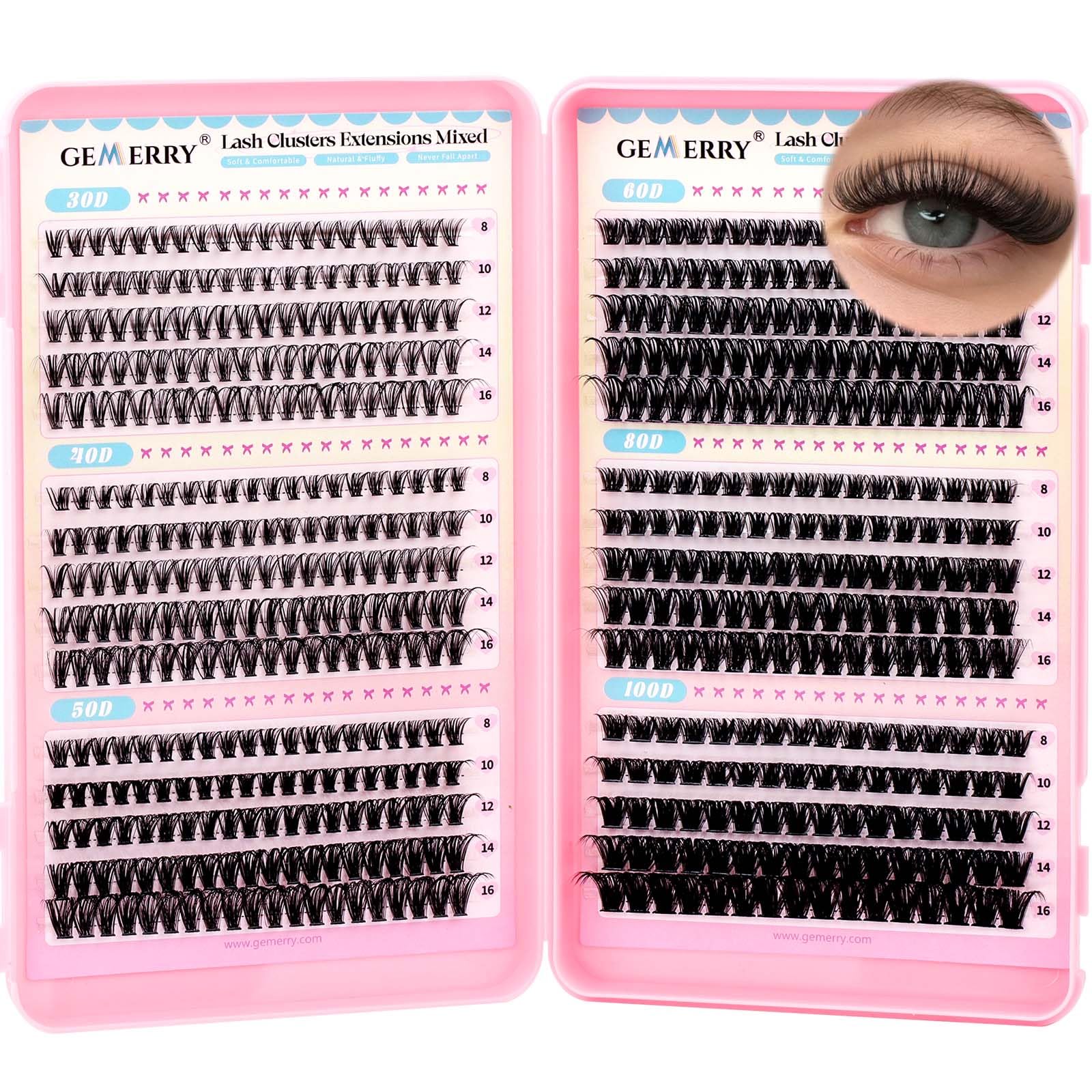 GEMERRY Pestañas Postizas 30D+40D+50D+60D+80D+100D D Curl 8-16mm Mix Pestañas Pelo a Pelo para Extensiones de Pestañas Cluster Lashes