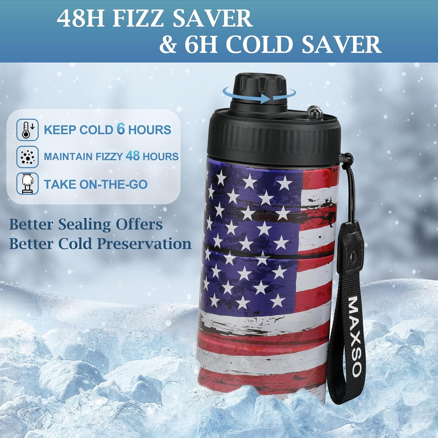 MAXSO Sealed Can Cooler Fizz Lid Can Cover for 12 oz Regular, Slim Skinny Cans & As Thermal Bottle, 4-in-1 Insulated Vacuum Stainless Steel Carbonated Cold Drink Holder -America Flag