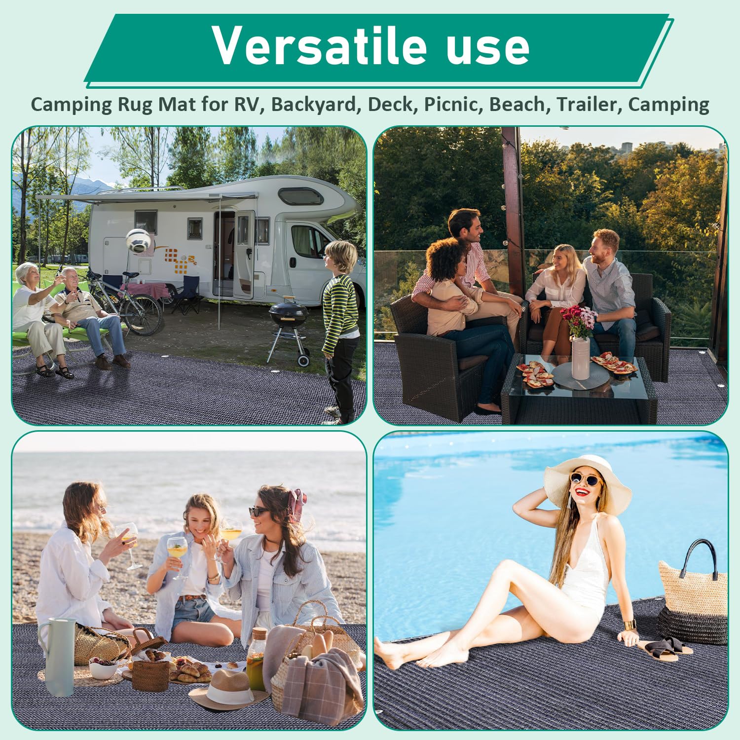 Tapis d'auvent 300 x 400 cm en polyéthylène haute densité perméable à l'eau | Tissu résistant aux intempéries, caravane, camping, extérieur, robuste, antidérapant, peu encombrant, 13 piquets, bleu gris