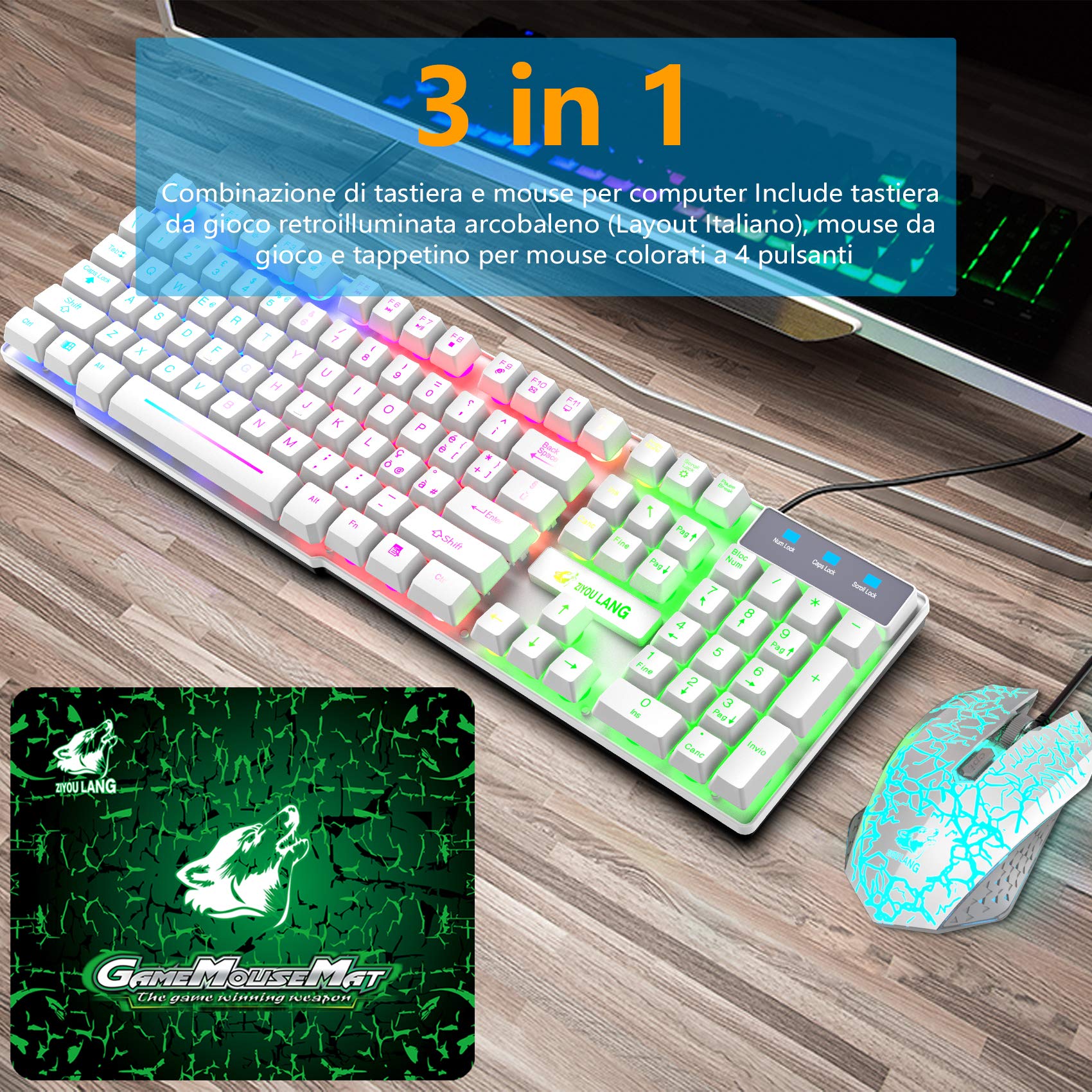 Tastiera e Mouse da Gioco, Gaming Tastiera Retroilluminato a LED Colore Arcobaleno, Mouse 6 Tasti 2400 DPI e Tappetino per Mouse, USB Cablato per PS4 XBox, Bianca