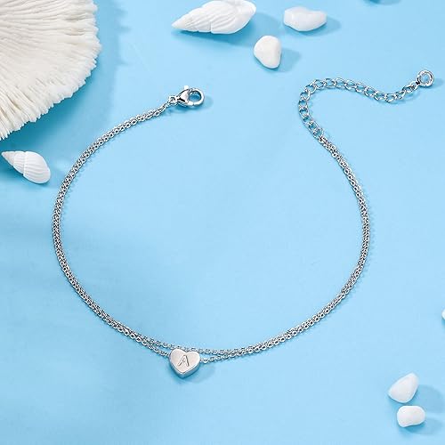 Miniatura 7 de Tobillera con inicial de corazón de plata para mujer, chapada en oro blanco de 14 quilates, hecha a mano, delicada tobillera en capas con letra