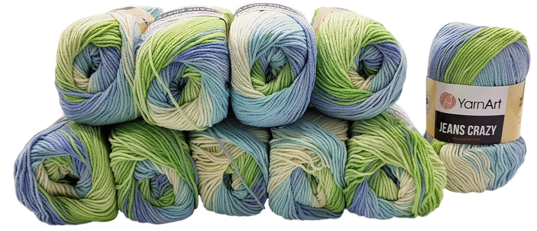 YarnArt Jeans Crazy 10 x 50 g Knitting Wool with 55% Cotton, 500 g Wool with Colour Gradient, Multi-Coloured (Green Blue Cream 8208)