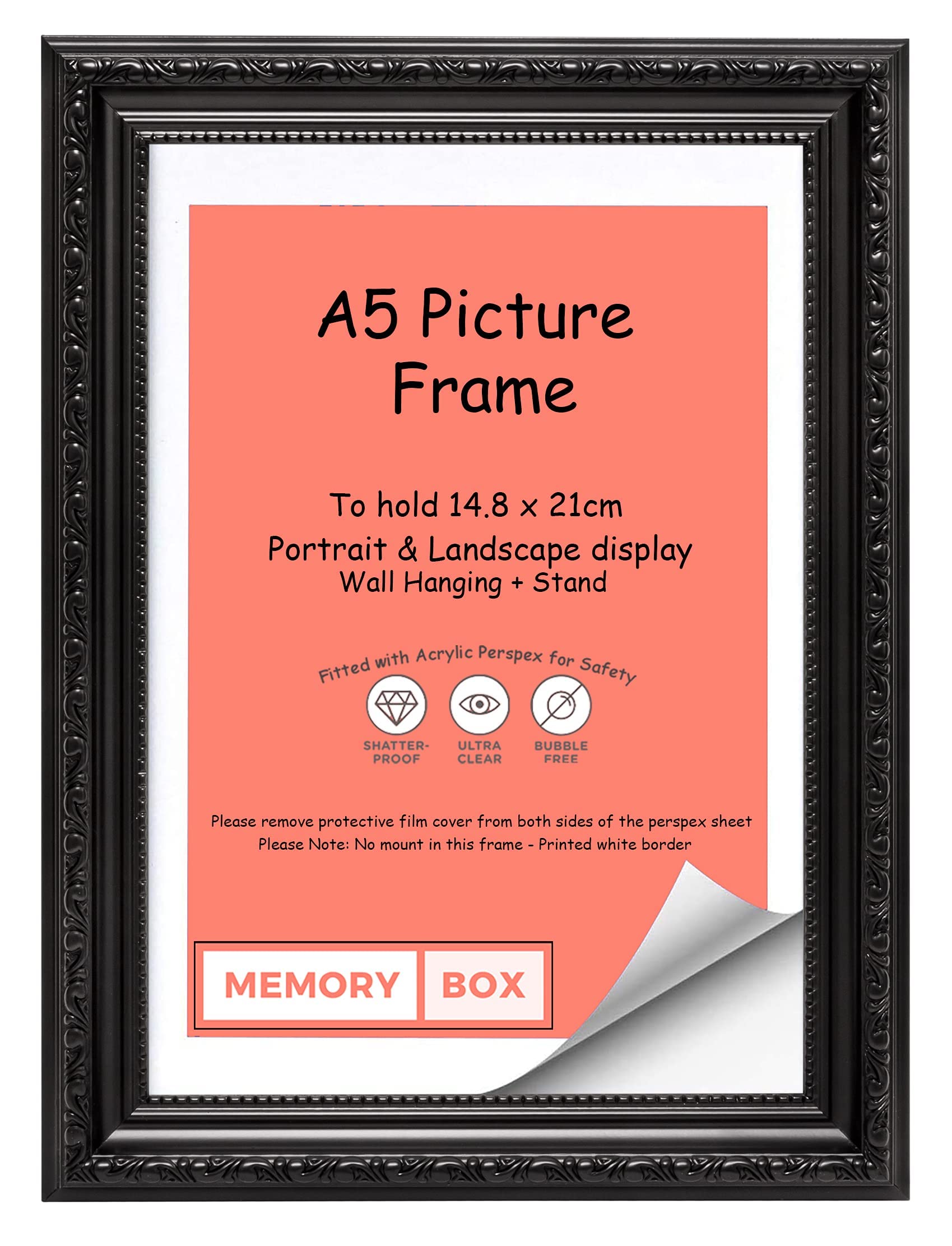 Memory Box Ornate Shabby Chic Picture/Photo/Poster frame with Real Glass - (14.8 x 21cm) Black A5