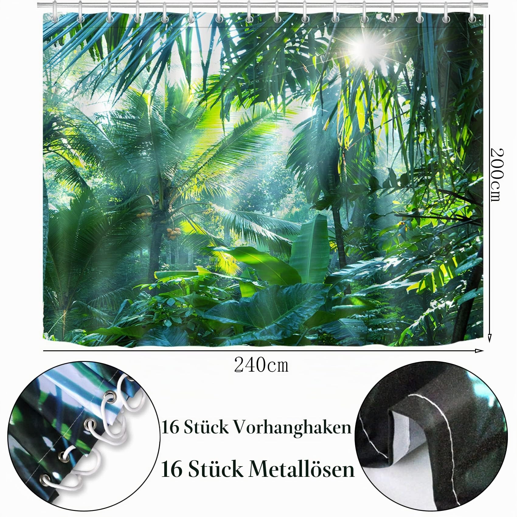 LB Duschvorhang 240x200cm, Grün Tropisch Dschungel Blätter Wald Badezimmer Deko Extra Breit, Waschbar Anti Schimmel Wasserdicht Polyester Stoff, 16pcs Duschvorhang Haken