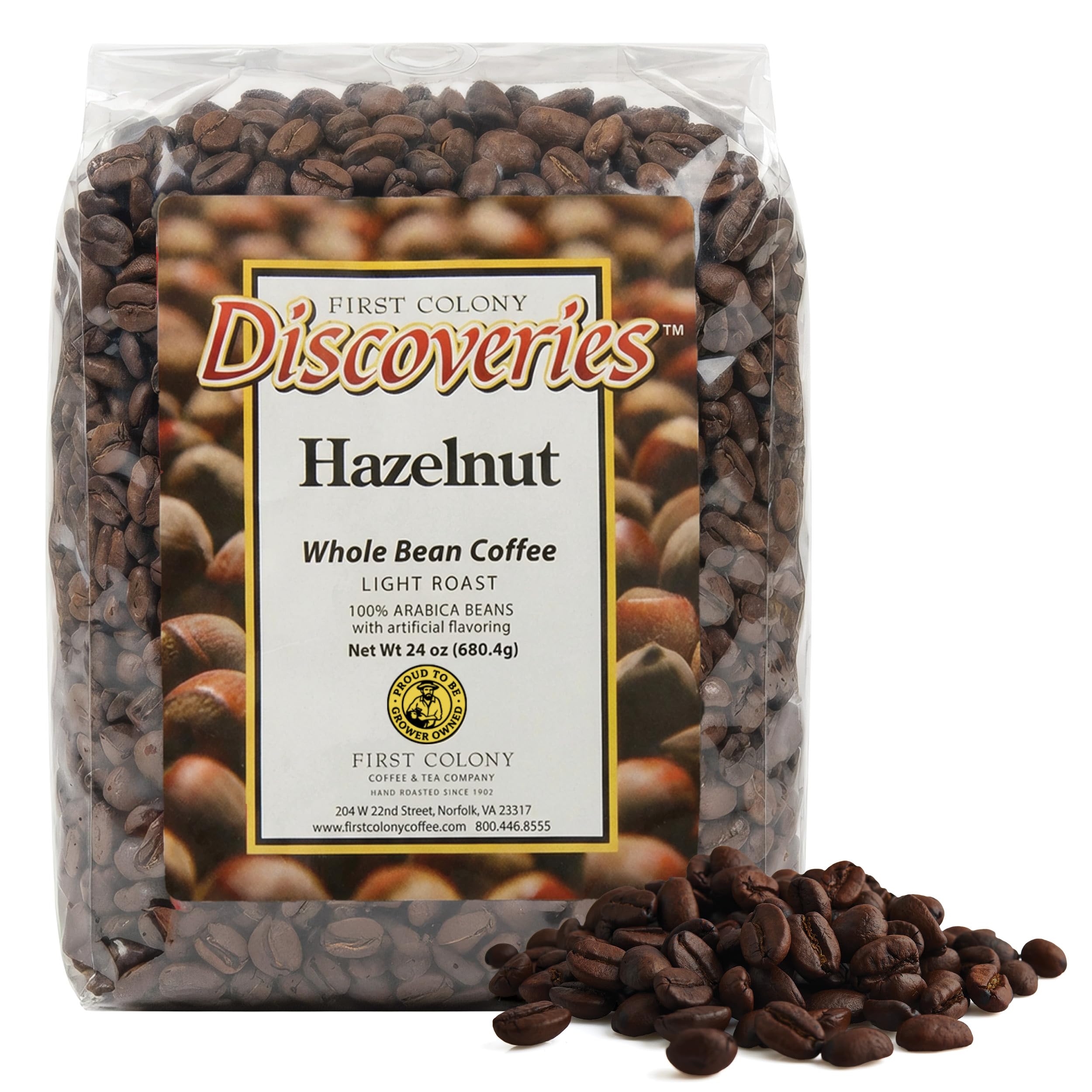 Hazelnut Whole Bean Coffee, Light Roast, 100% Arabica Beans, 24oz Bag, Rich Hazelnut Flavor with Mild Sweetness for Home Brewers & Cafés, Hand-Roasted in the USA Since 1902