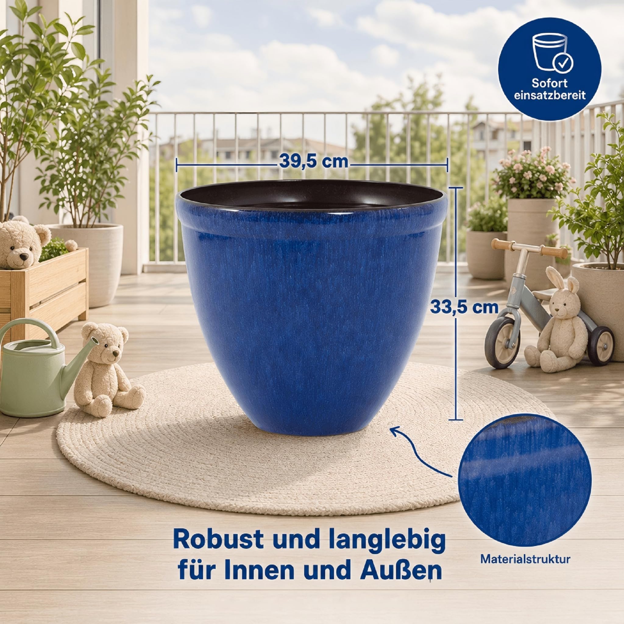Doniczka do roślin z błyszczącego plastiku z efektem ceramicznym | Design Santorini | Jun glazura niebieski Ø 39,5cm x H 33,5cm