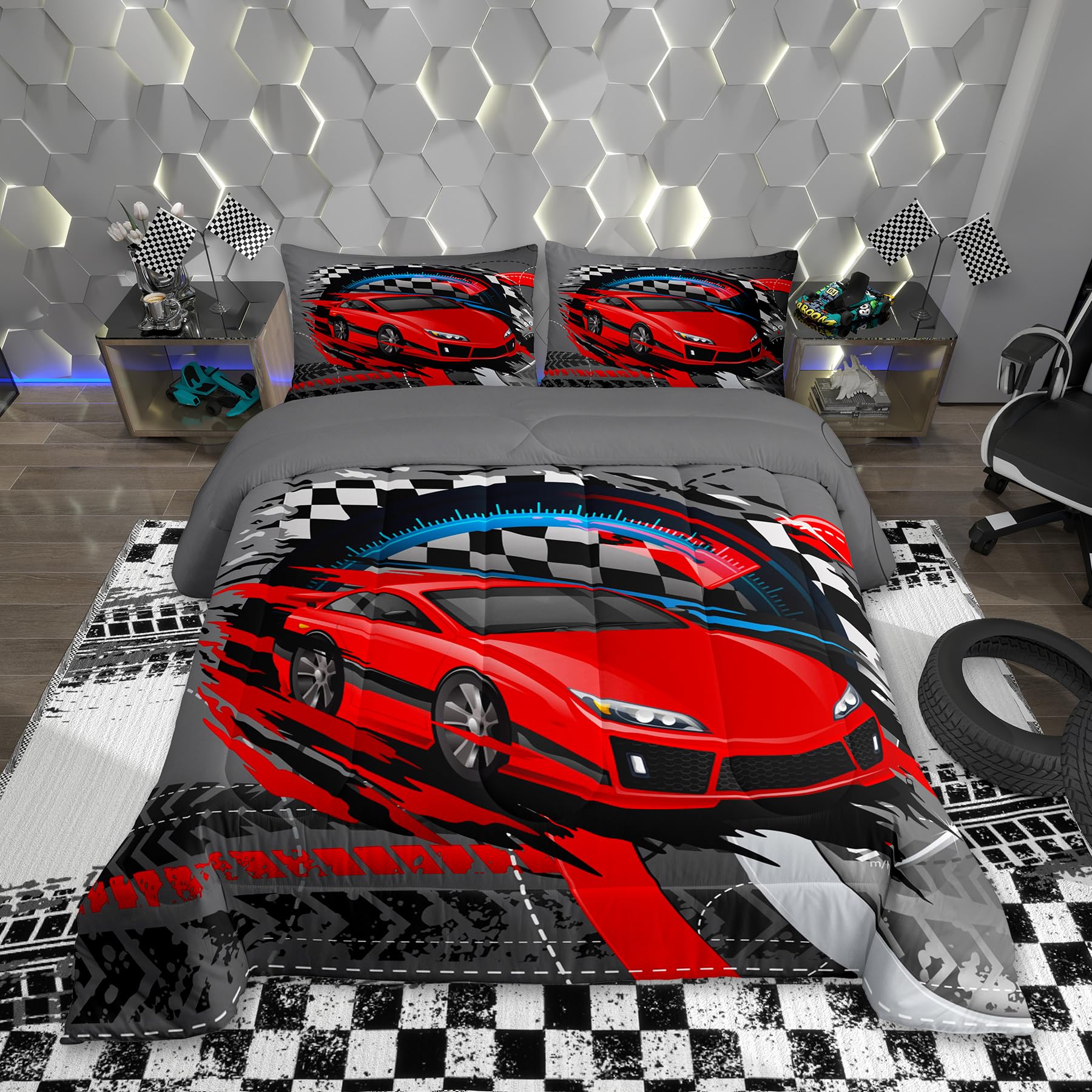 Racing Car Comforter Set Twin for Kids Boys,Red Sports Car Boys Bedding Sets with Pillowcase,Race Sport Games Down Comforter Black White Check Flag