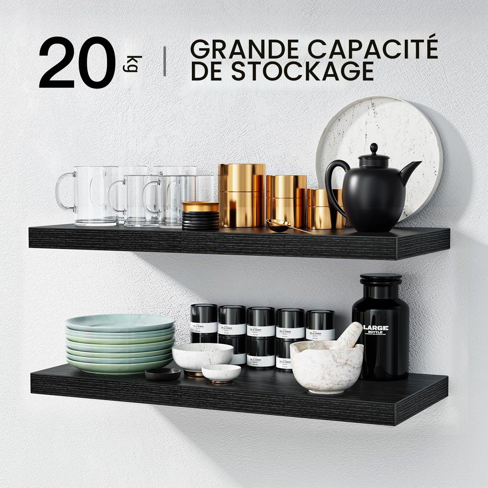 STOREMIC étagère Murale 60 cm avec Supports cachés, Lot de 2, Noir | Étagères murales pour chambre, salle de bain, bureau et salon, panneaux MDF, rangement flottant moderne, montage facile