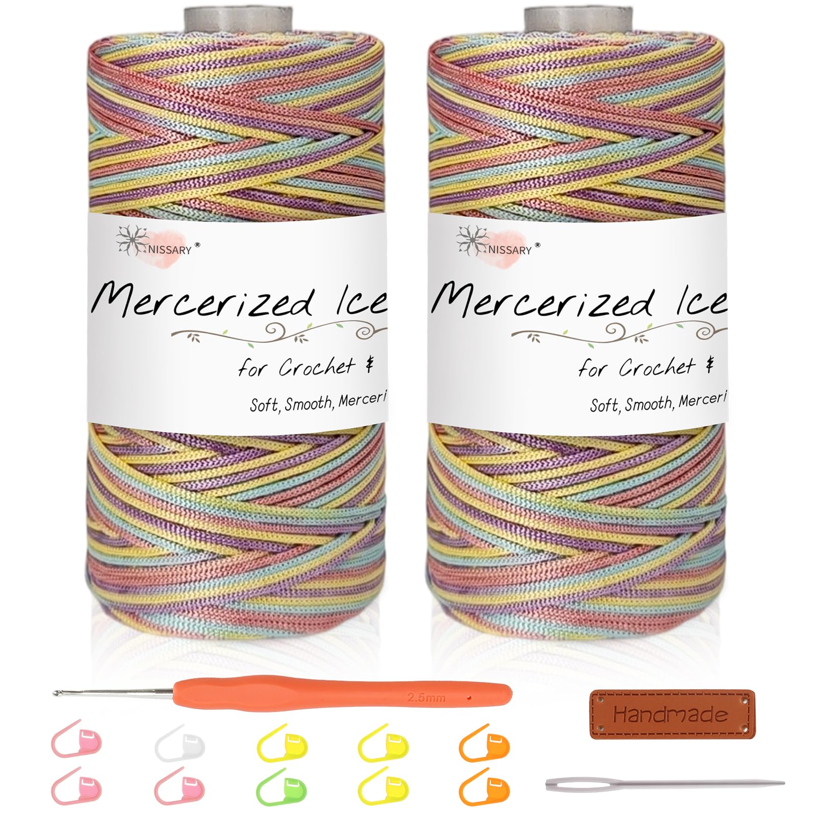 Nissary 1.5mm Macrame Cord Kit, 2 Colour Polyester Ice Silk Crochet Yarn with Crochet Hook, Stitch Markers, Leather Label and Tweezers for Summer Hats, Bags, Seat Cushions and DIY Crafts
