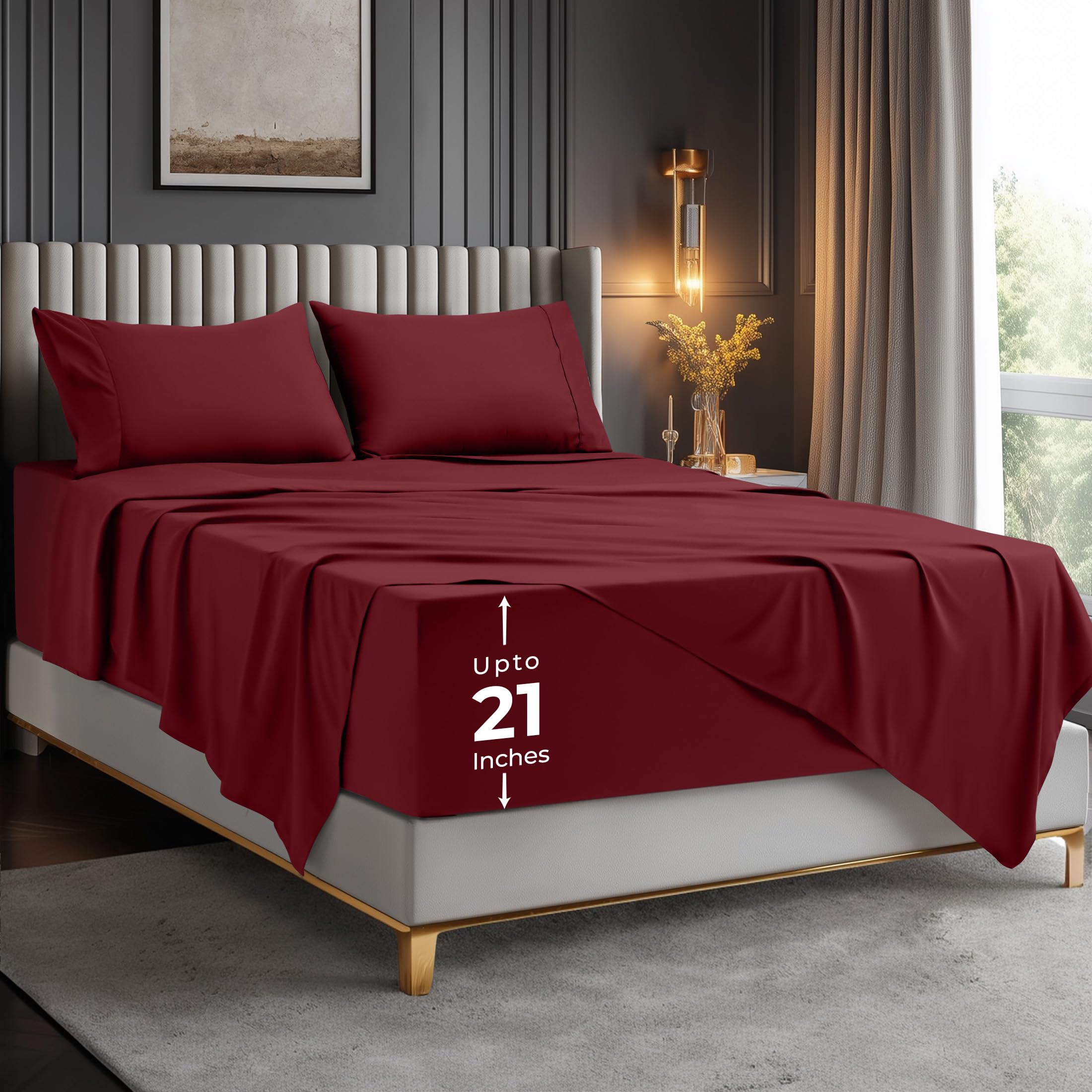 Utopia Bedding Juego de sábanas tamaño Queen, 4 Piezas de Microfibra Suave de Lujo con Bolsillos Profundos, Fundas de Almohada Bordadas, sábana Bajera con Bolsillo Lateral de Almacenamiento, sábana