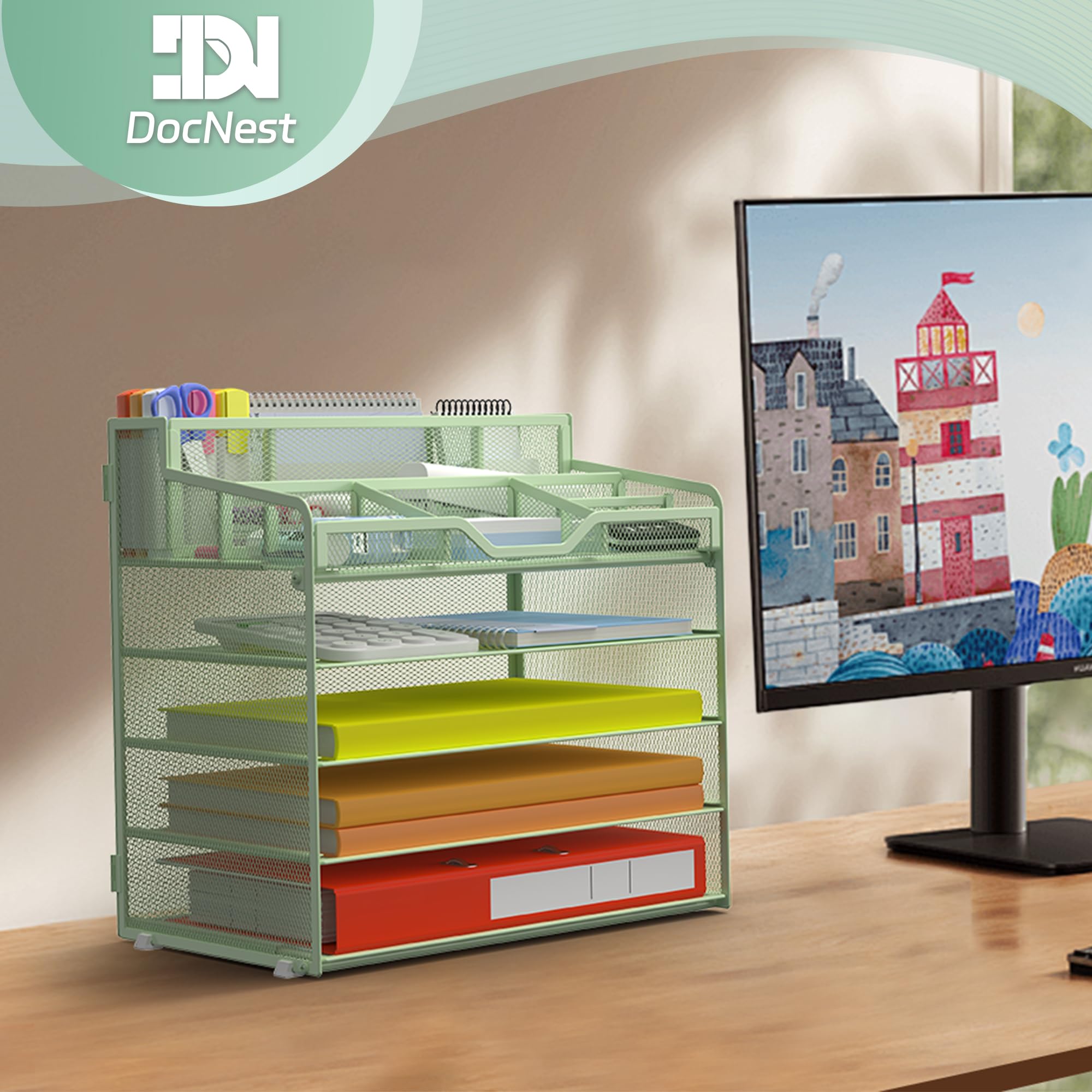 Docnest Organizer da scrivania a 5 ripiani in rete per forniture di carta per ufficio - Vassoio portalettere multifunzione con 5 scomparti regolabili, 3 portapenne, archiviazione da scrivania per