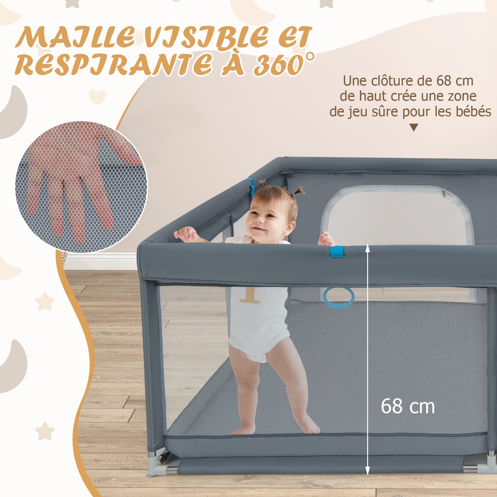 DREAMADE Parc Bébé avec 4 Anneaux à Main,Clôture Tout-Petits 0-36Mois en Tissu Oxford avec50 Balles&Sac de Transport&Maille Respirante&Porte à Fermeture Éclair (200x180x68cm, Gris Foncé)