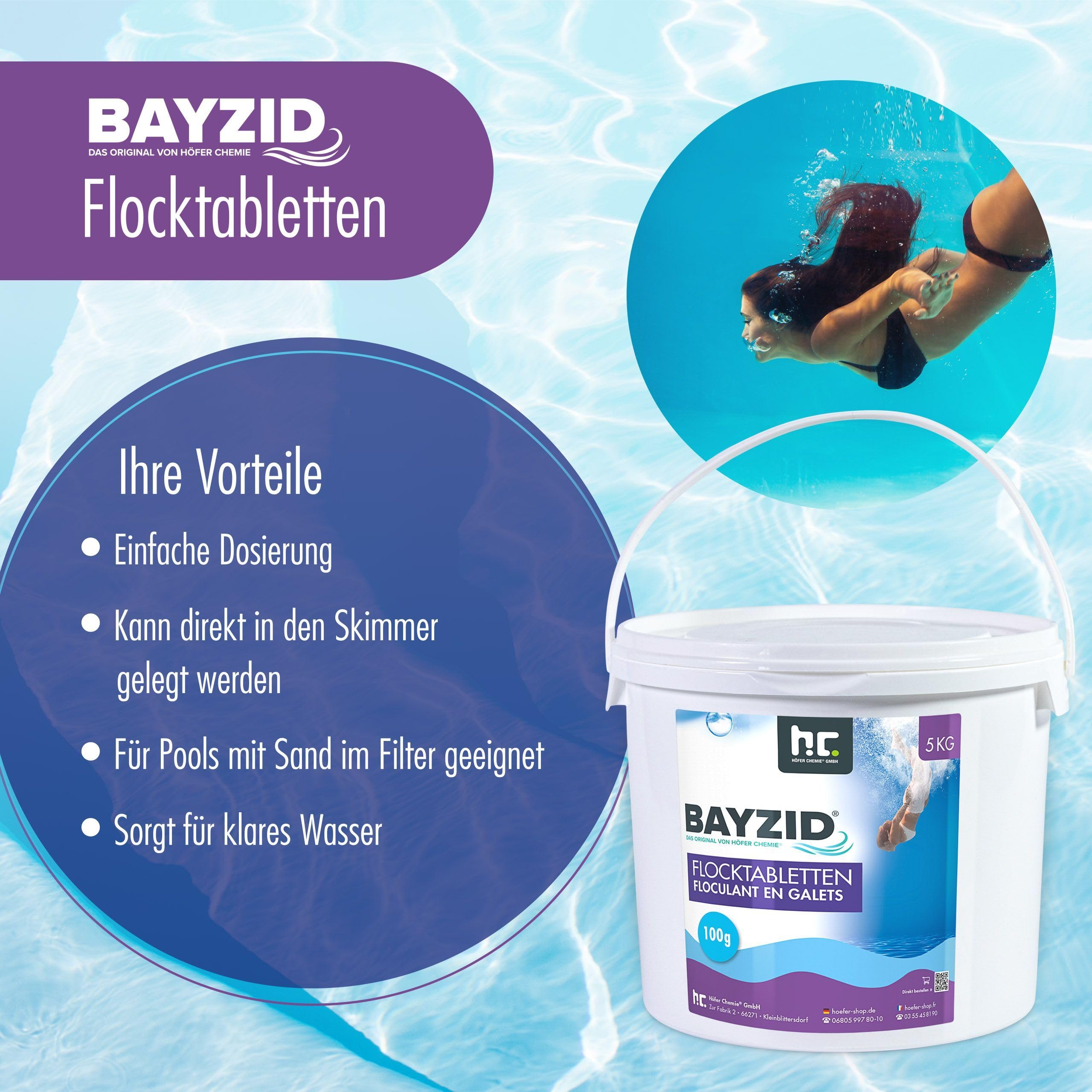 Höfer Chemie 1 x 5 kg BAYZID Pool Flockungsmittel Tabletten Flocktabletten - einfache Anwendung gegen Trübungen + kristallklares Poolwasser