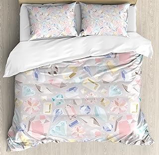 Ambesonne Pastel Duvet Cover Set, Colorful Diamond Gemstone Rich Feminine Women Fashion Theme Digital Print, Decorative 3 Piece Bedding Set with 2 Pillow Shams, Queen Size, Pastel Coconut