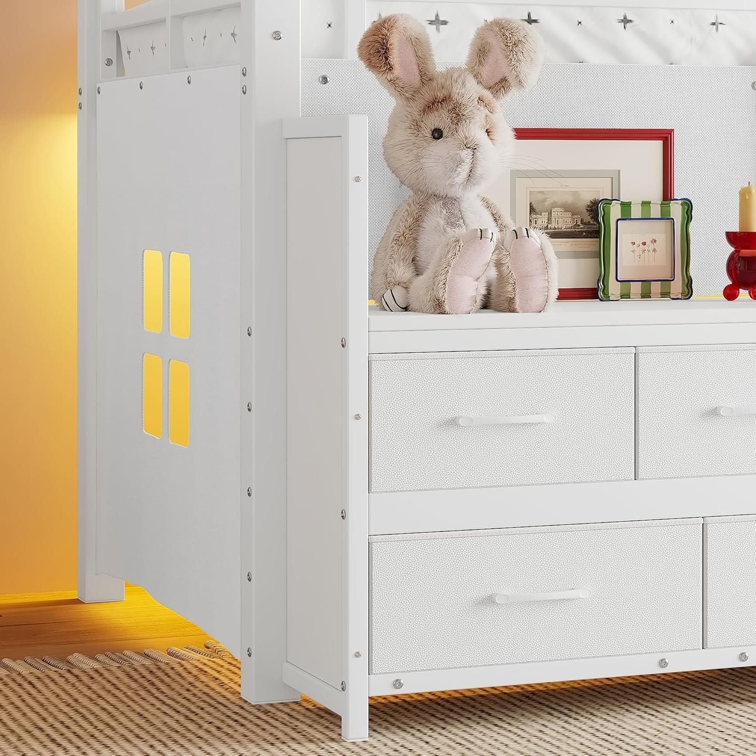 LUMISOL Twin Low Loft Bed with Storage for Teens, Play Loft with Stairs, 8 Fabric Drawers and Shelves, Metal Low Play Bed with Lights and Under-Bed Spaces, White