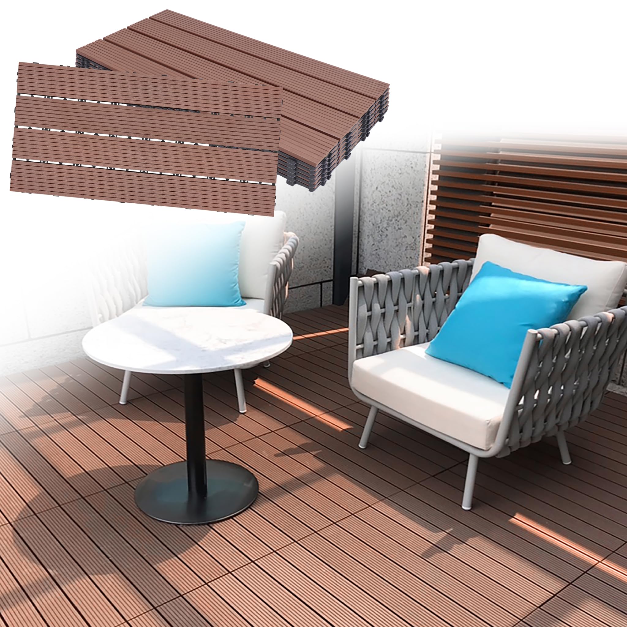 YEATHOR Garden Decking Tiles, WPC Plastic Terrace Tiles, 30x60cm Interlocking Flooring in Wood Look, Weather-Resistant, Indoor Outdoor Drainage Balcony Flooring, (12 Tiles, Reddish-brown)