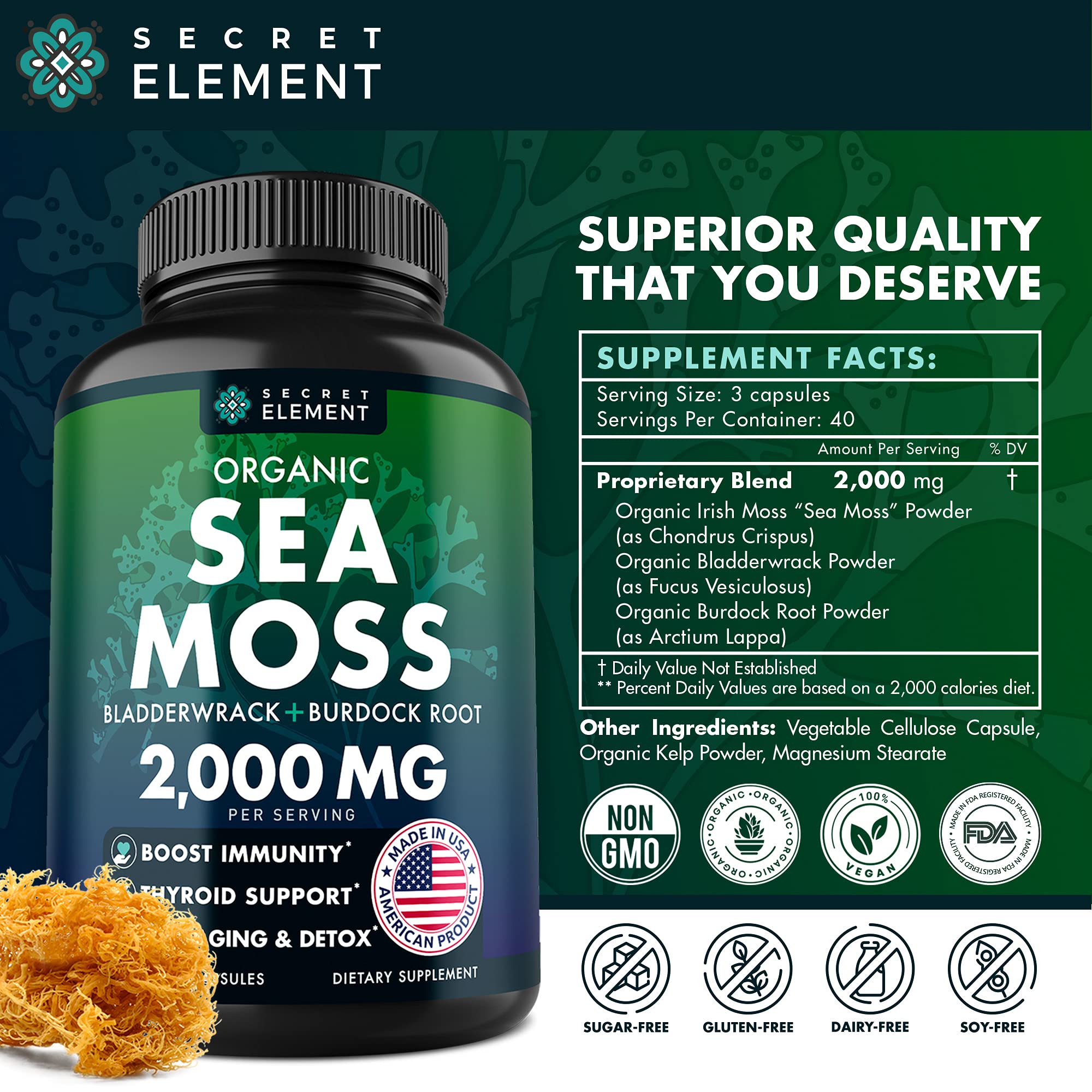 Organic Sea Moss Capsules Burdock Root, Irish Moss and Bladderwrack