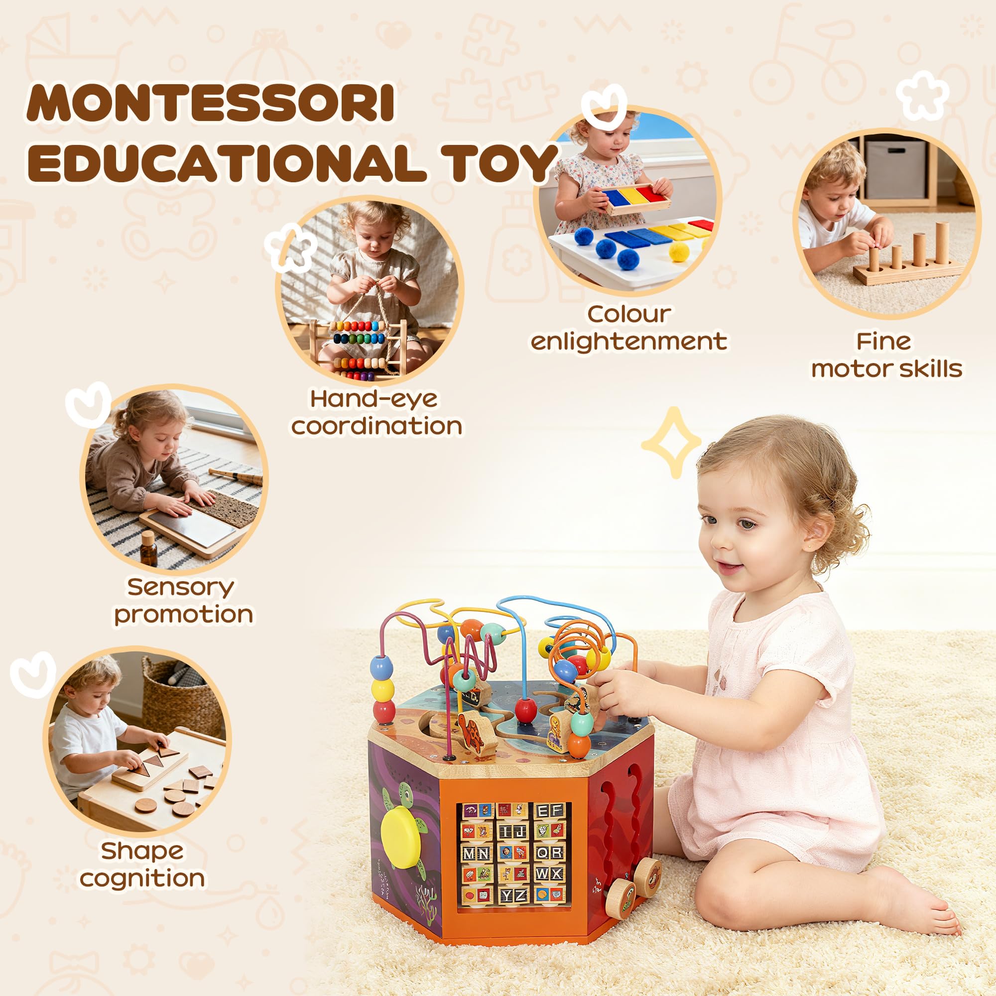 AIYAPLAY Wooden Activity Cube, Montessori Baby Toys with Bead Maze, Pattern Sorter, Early Educational Sensory Toys, Birthday Gift for Toddlers Boys and Girls 18+ Months