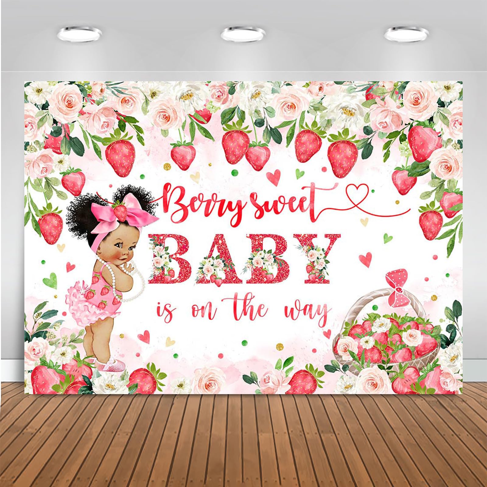 Mocsicka Strawberry Baby Shower Backdrop Berry Sweet Baby is on The Way Party Decorations Pink Flower Strawberry for Girls Baby Shower Photography