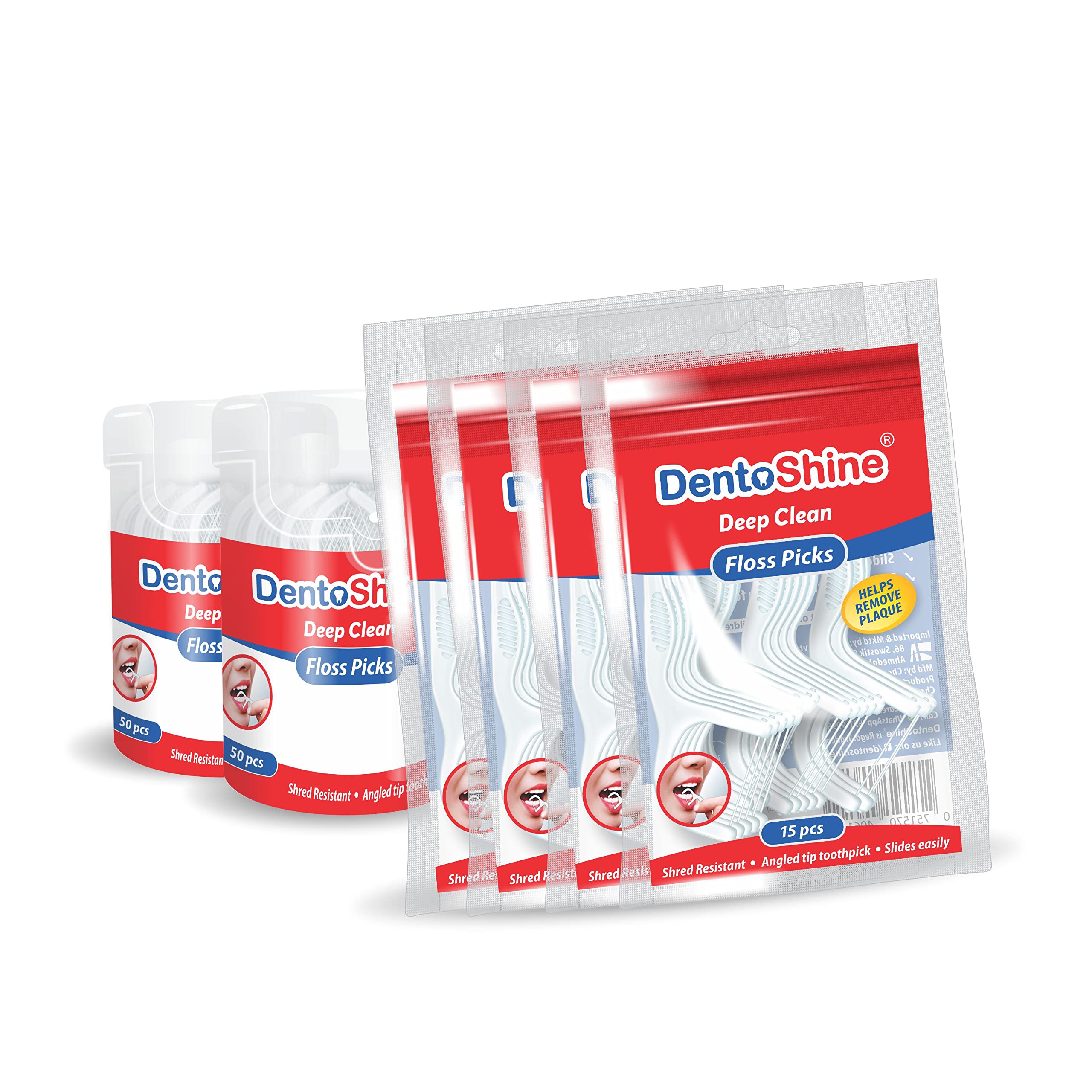 DentoShine Deep Clean Floss Picks - 50 ct CAN x 2, 15 ct Resealable Bag x 4, (Pack of 6)