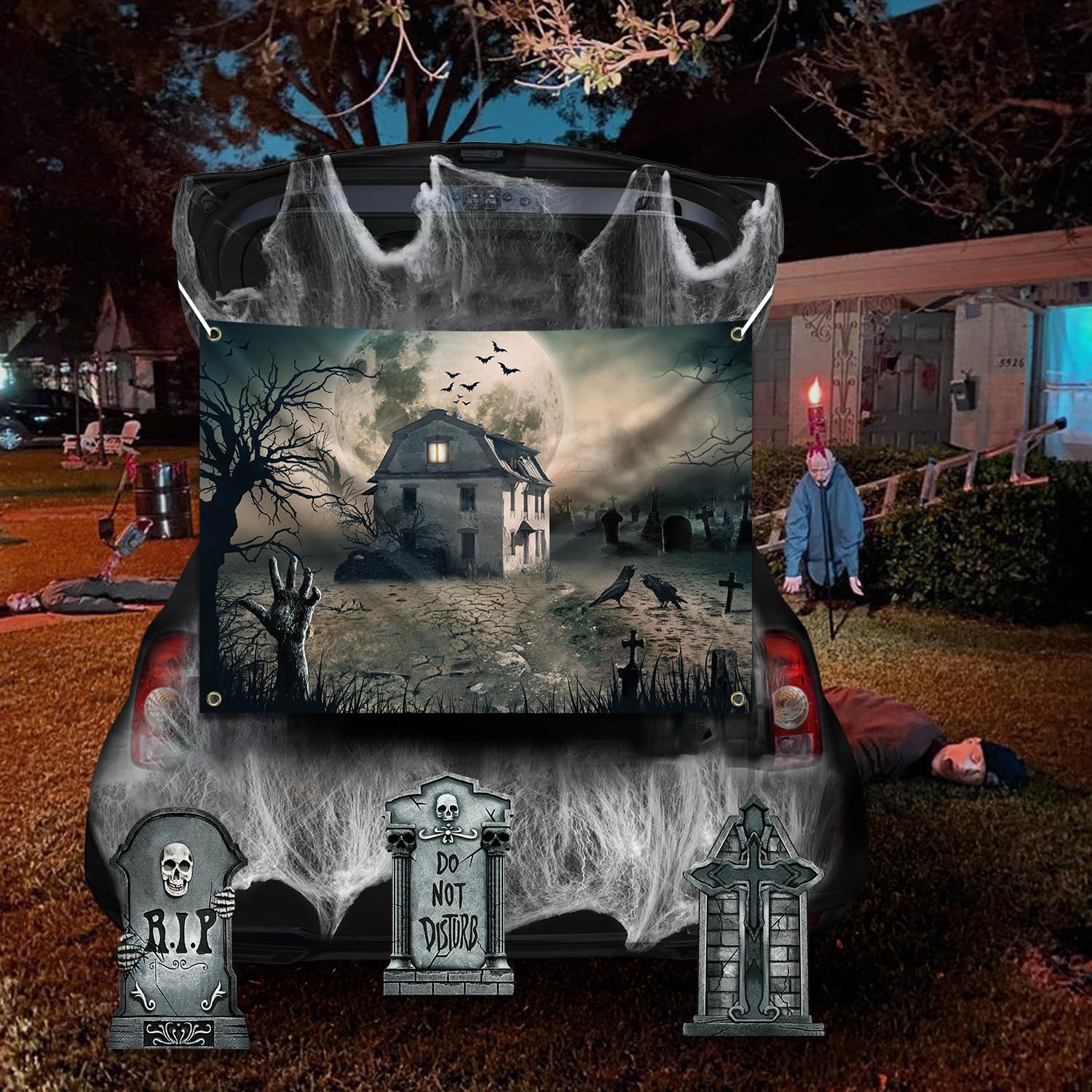 MGahyi Dekoracja garażu na Halloween z nagrobkami, pajęczyna do drzwi garażowych, łuku, samochodu, na zewnątrz, do bagażnika lub jako upominek (styl nagrobków)