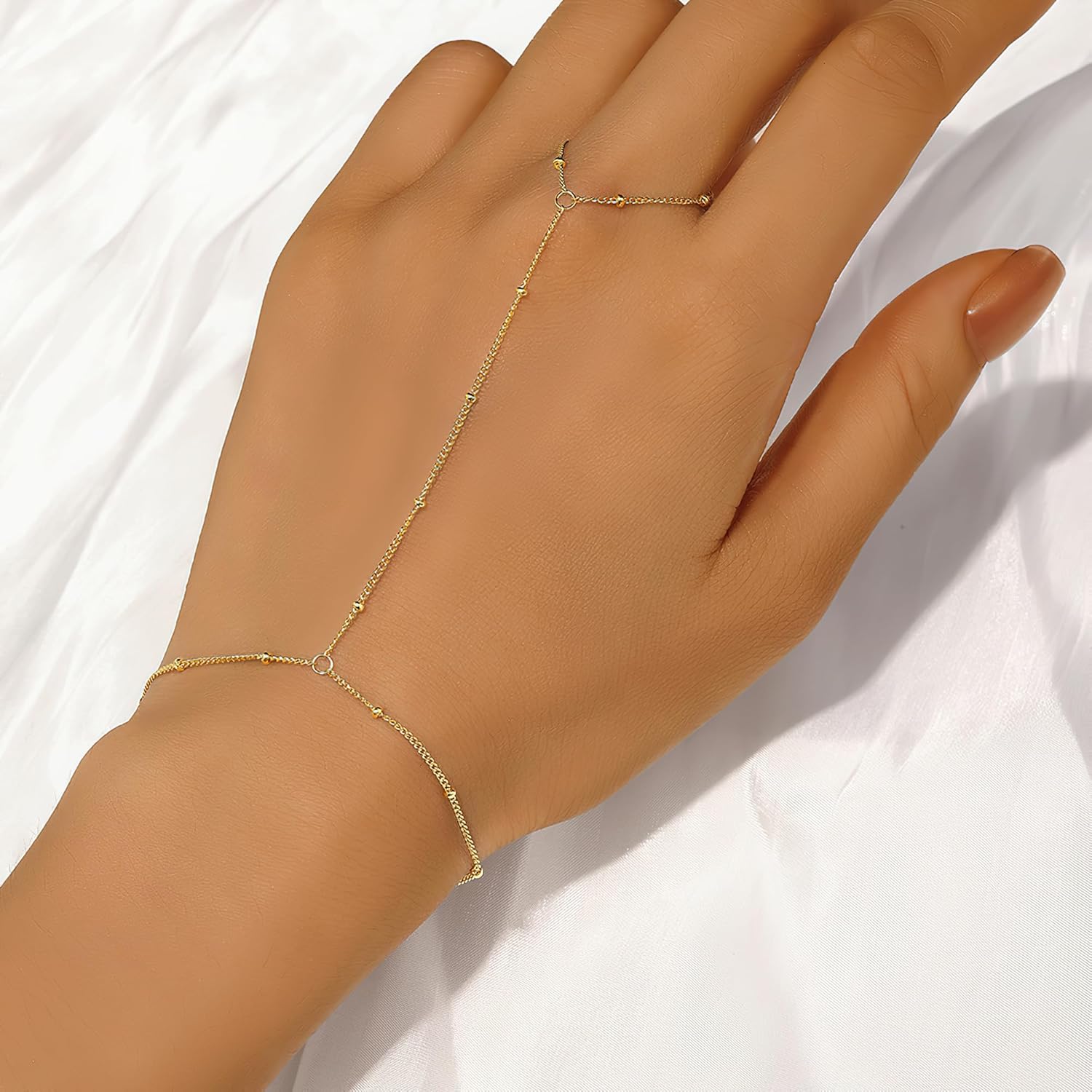 18K Gold Plated Hand Chain Bracelet for Women Non Tarnish 925 Sterling Silver Finger Ring Bracelet Hand Chain Dainty Adjustable Beaded Hand Bracelets Trendy Jewelry Birthday Mothers Day Gifts