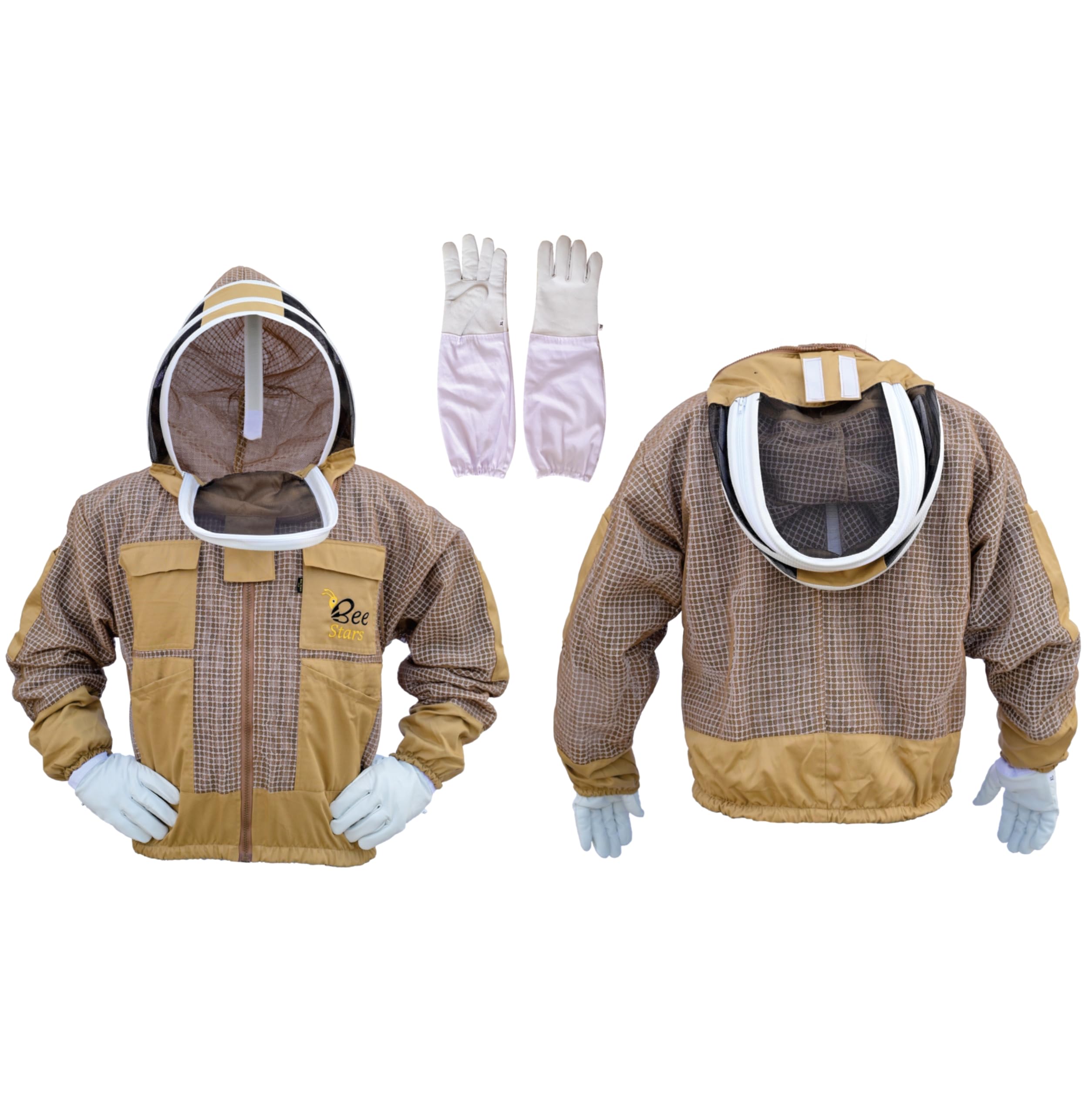 Chaqueta de abeja de 3 capas con velo de valla y un par de guantes ventilados a prueba de picaduras, chaqueta de apicultura para apicultores