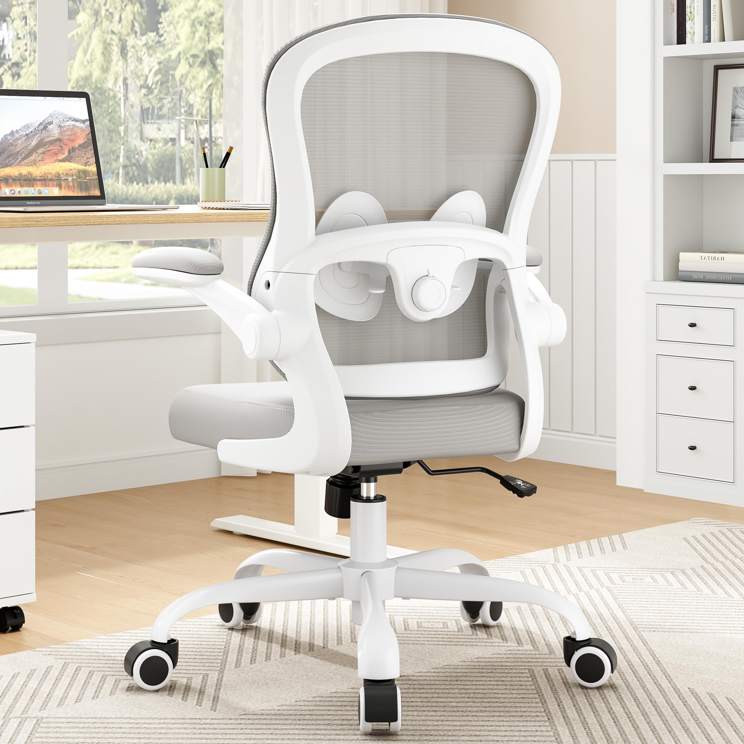 Farini Ergonomischer Mesh Rollcomputer Stuhl mit Verstellbarer Lendenstütze und aufklappbaren Armlehnen – Executive Schreibtischstuhl, drehbarer Bürostuhl für Homeoffice
