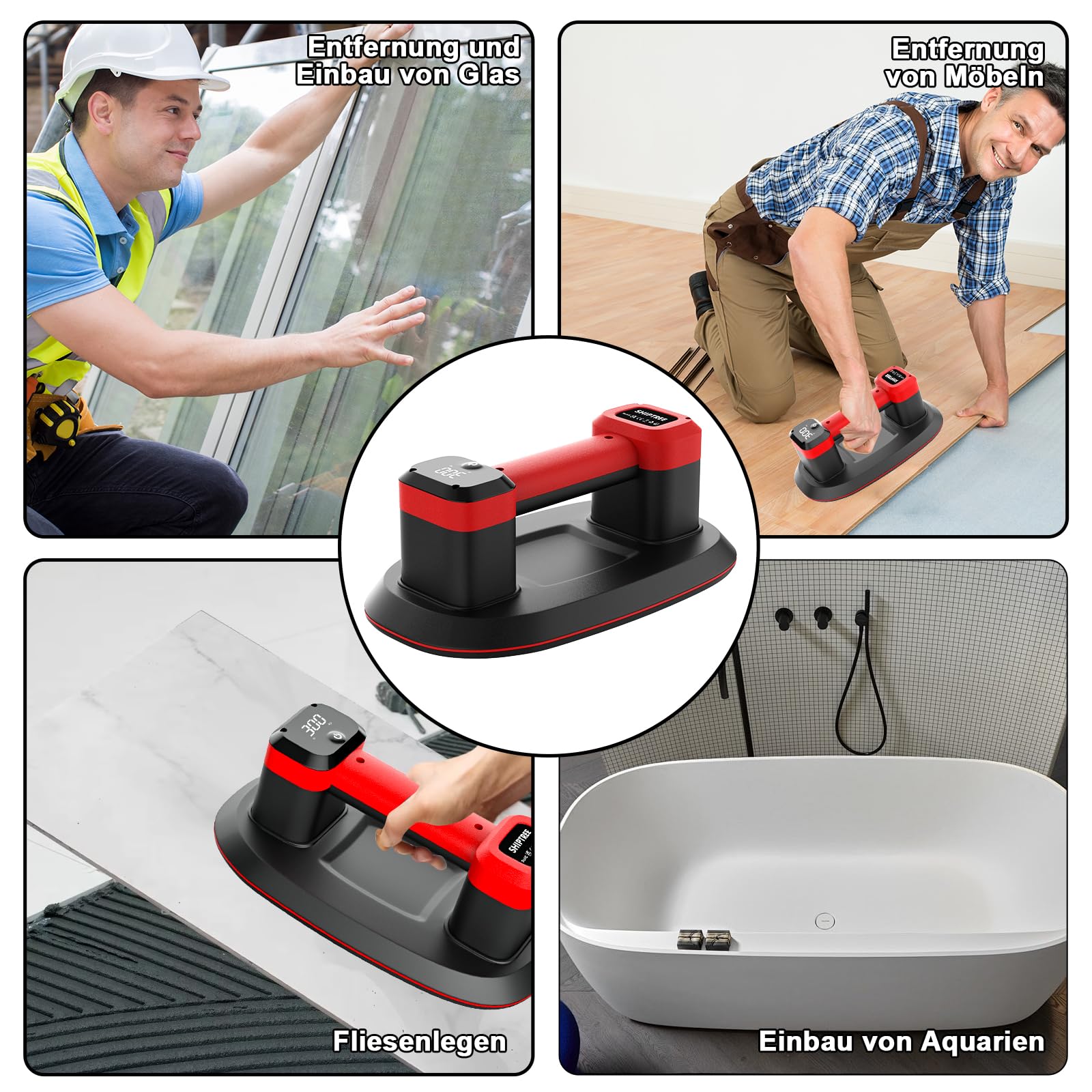 Akku Saugheber 300 KG, Upgrade Saugheber mit 5000 mAh Akku, Auto Nachsaugfunktion,Doppelmotor für Starke Saugleistung, LCD Anzeige, für Fliesen, Glas, Holzplatten, Marmor & Möbel