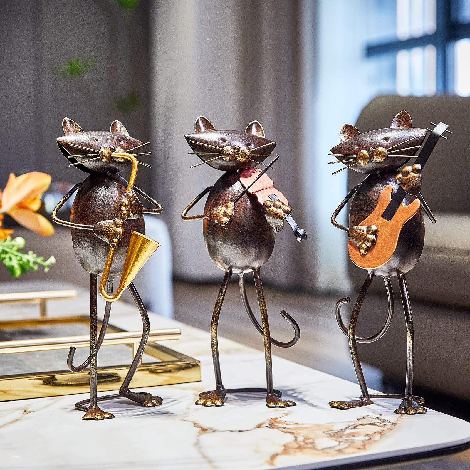 Aayla Cat Statue 10.6'H Metal Funny Musical Kitty Figurine Gift for Music Lover (Guitar)